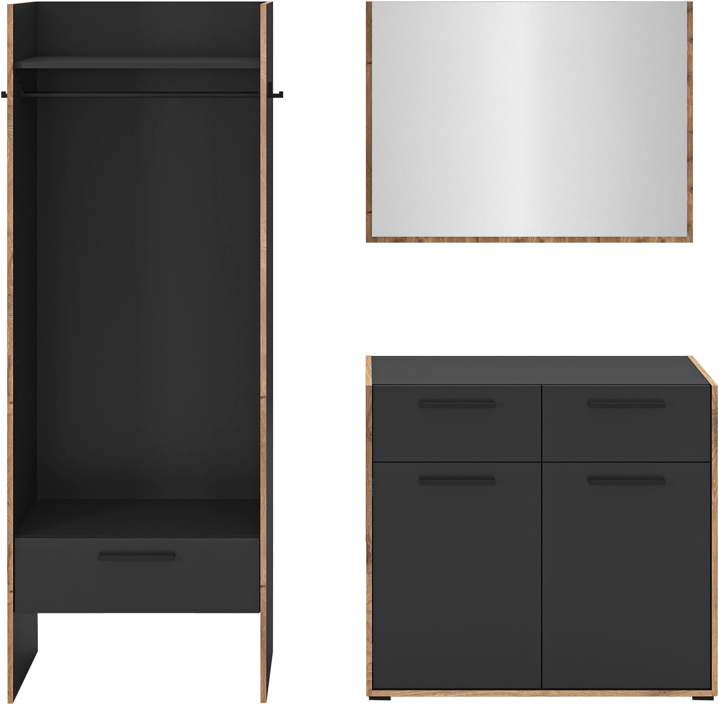 INOSIGN Garderoben-Set »MUSTA, 3-teilig: Garderobenschrank, Kommode & Garderobenspiegel«