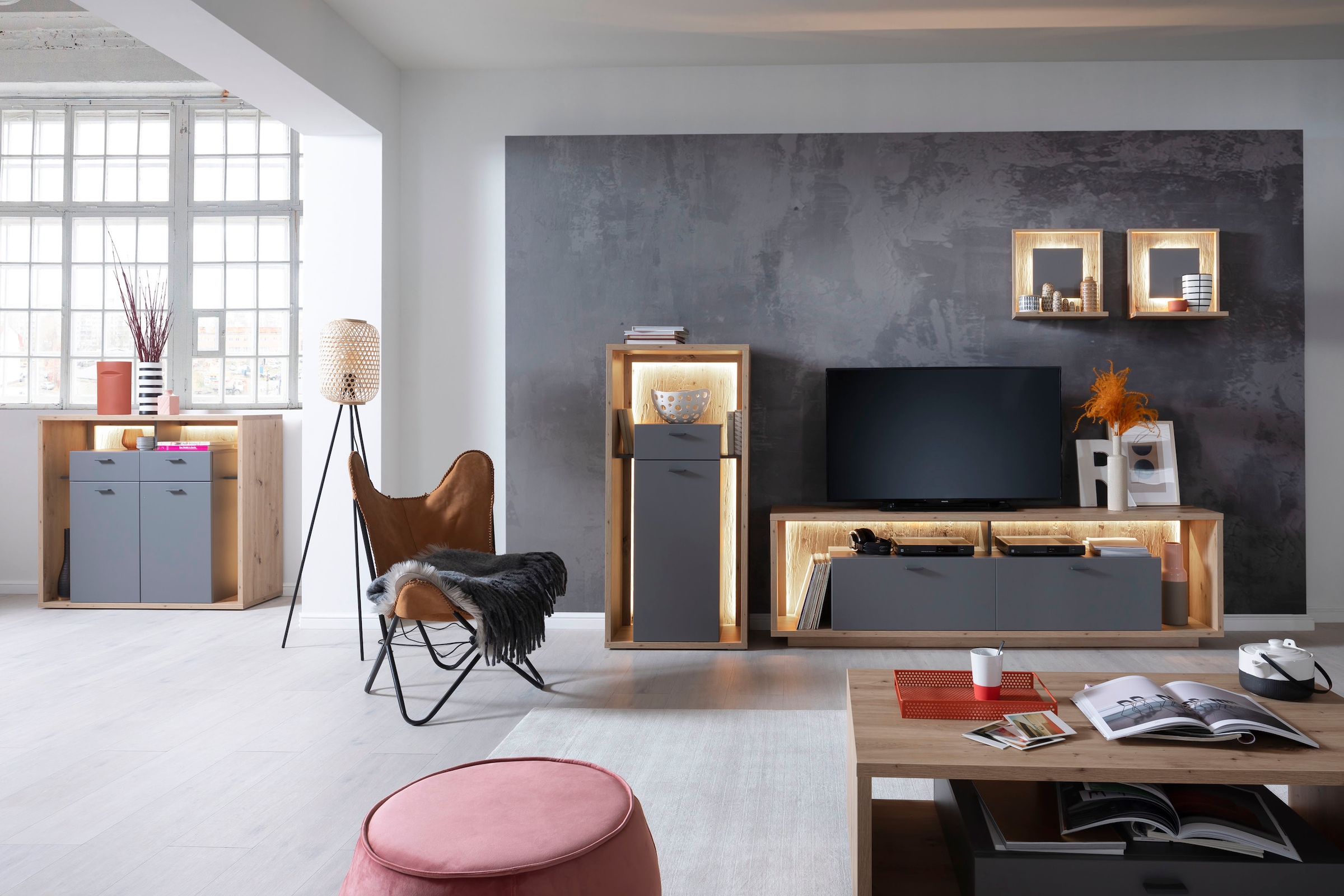 MCA furniture Wohnwand »Lizzano«, (Set, 4 St.), im modernen Landhausstil  mit 3-D Rückwand, wahlweise mit Beleuchtung kaufen im OTTO Online Shop