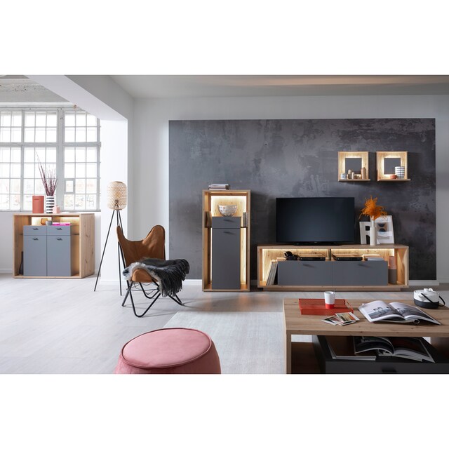 MCA furniture Wohnwand »Lizzano«, (Set, 4 St.), im modernen Landhausstil  mit 3-D Rückwand, wahlweise mit Beleuchtung kaufen im OTTO Online Shop