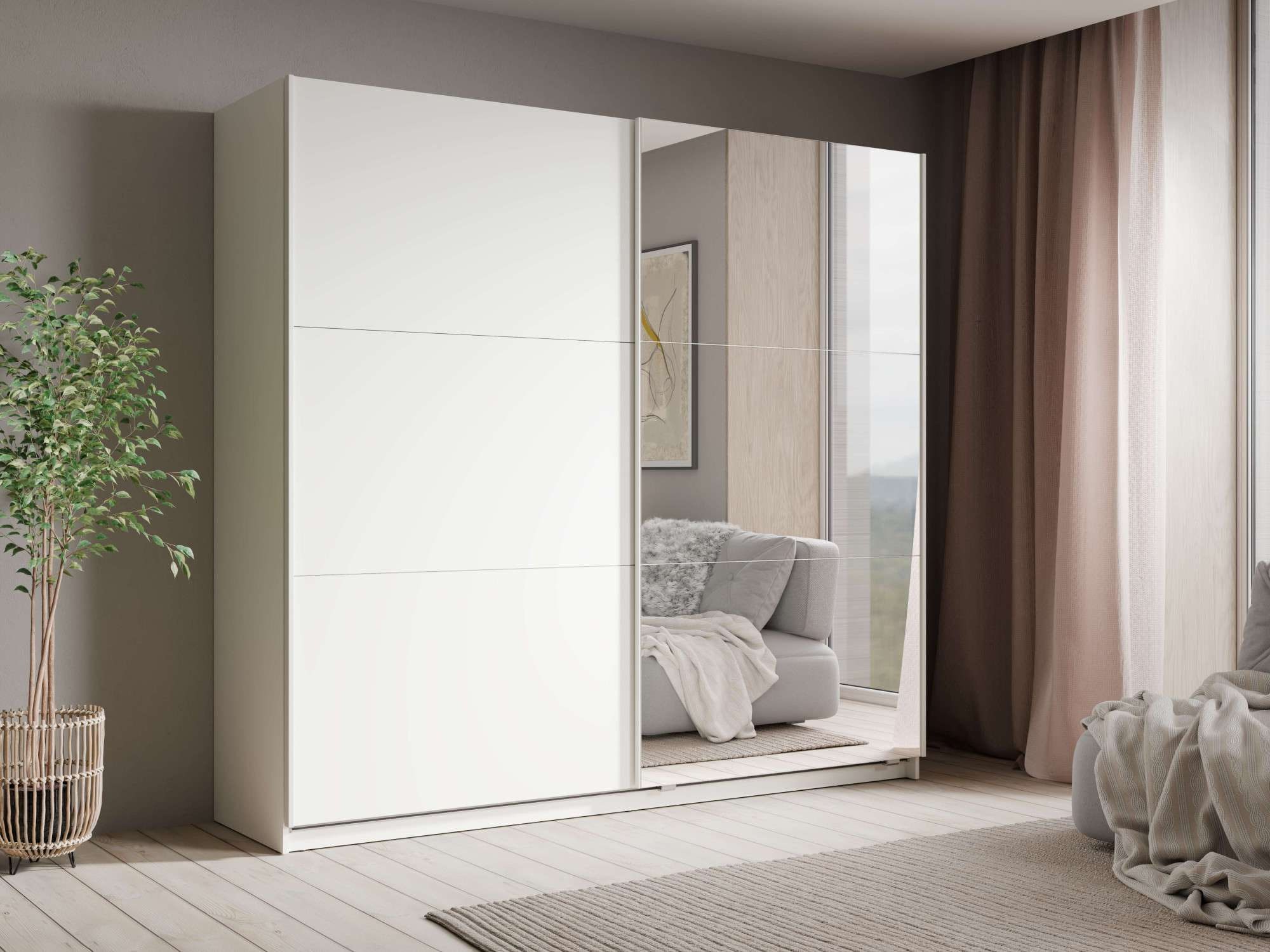 Home affaire Kleiderschrank »LISELOTTE mit Spiegel, wahlweise mit Beleuchtung, Breite 221 cm« Garderobe mit 2 Schwebetüren, weiß oder cashmere, B/H/T: 221×207×60 cm