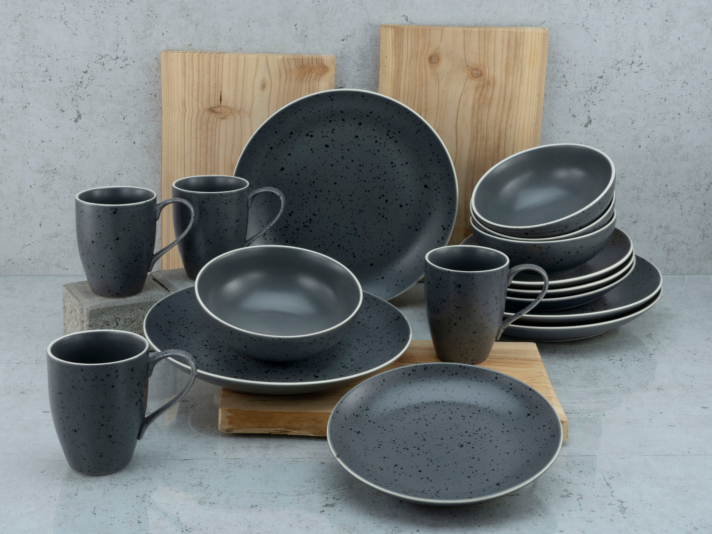 CreaTable Kombiservice »Geschirr-Set Industrial Chic«, (Set, 16 tlg., Kaffeeservice und Tafelservice im Set, für 4 Personen), Service, seidenmatte Sprenkelglasur, 16 Teile, für 4 Personen