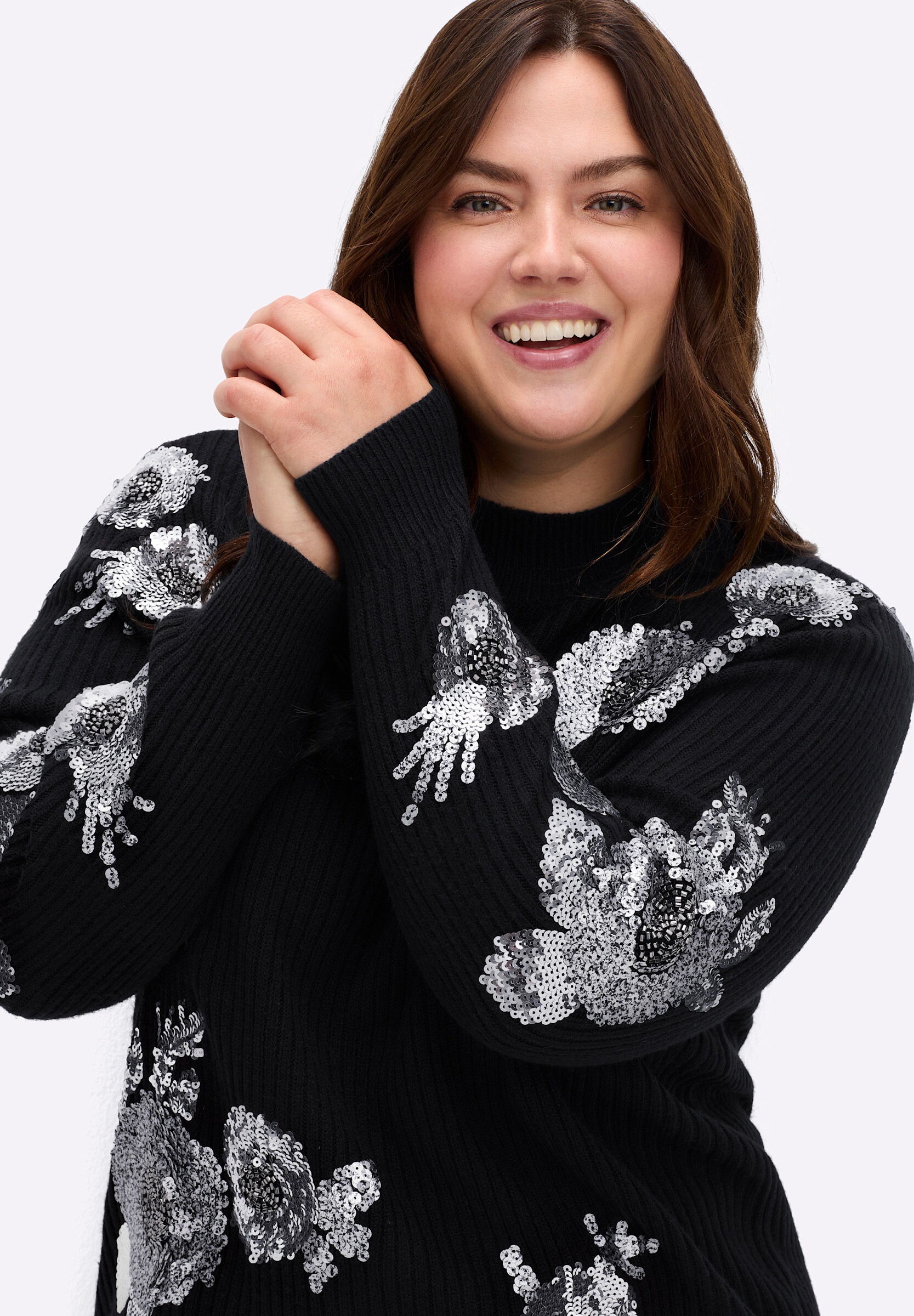 sheego by Joe Browns Strickpullover »Pullover Pullover mit Stehkragen und Paillettenstickerei«