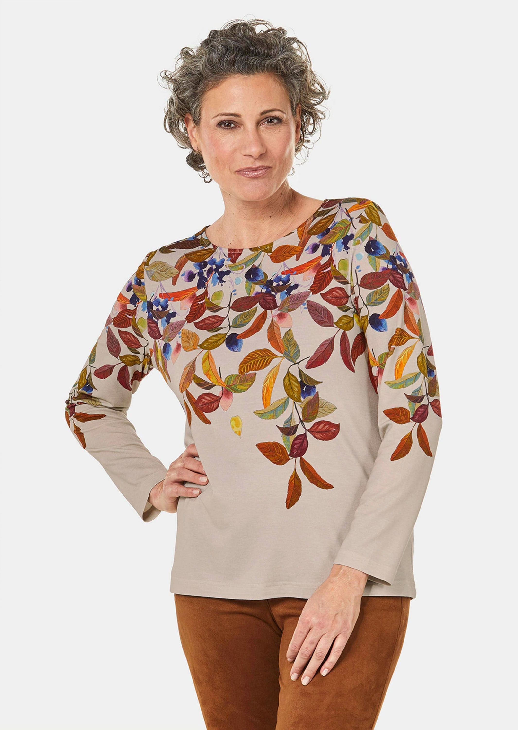 GOLDNER Longpullover »Kurzgröße Bezauberndes Druckshirt mit Motivdruck«
