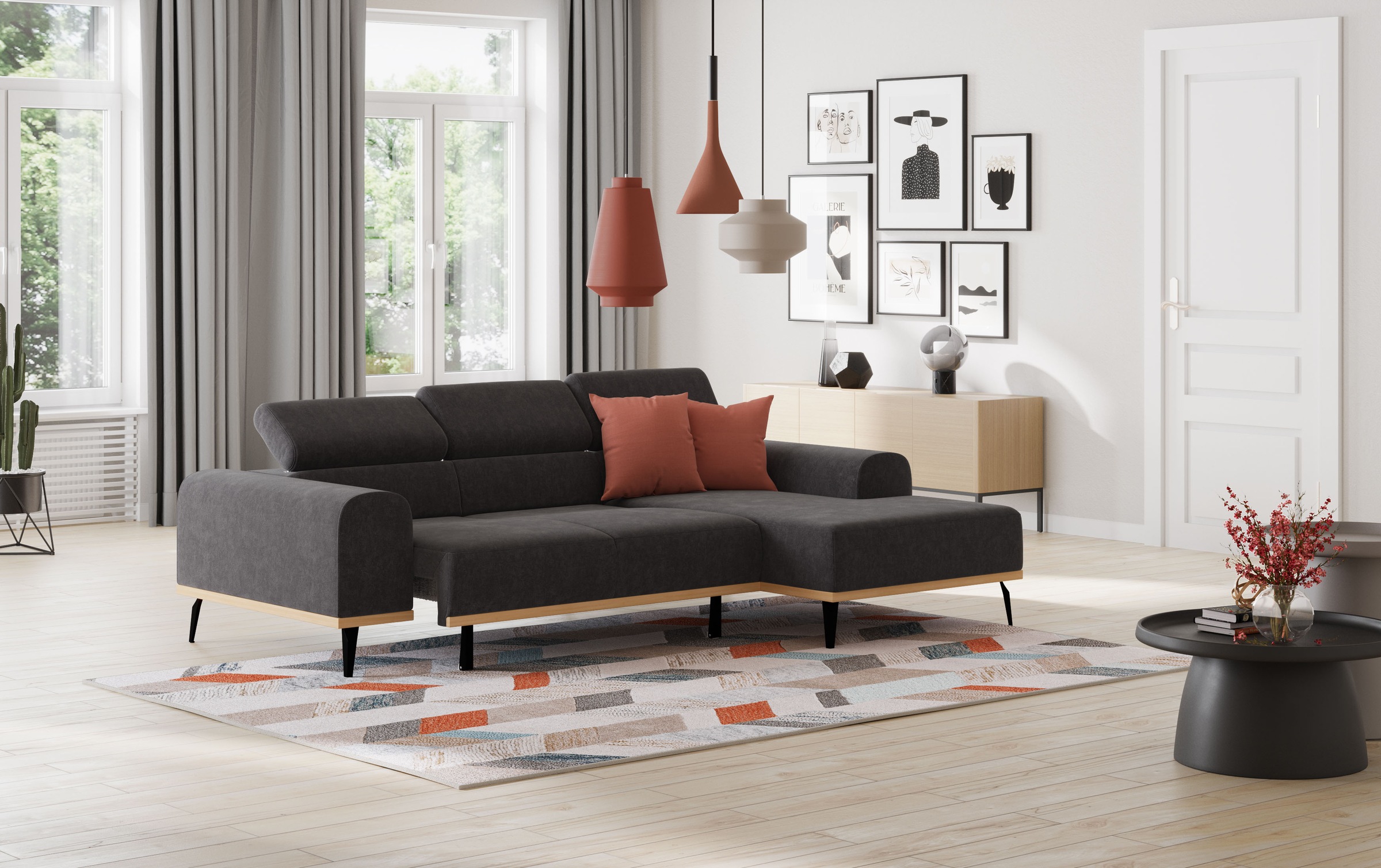 Places of Style Ecksofa »Carlo L-Form«, mit Kopfteilverstellung & Holz-Rahmenoptik, wahlweise Relaxfunktion