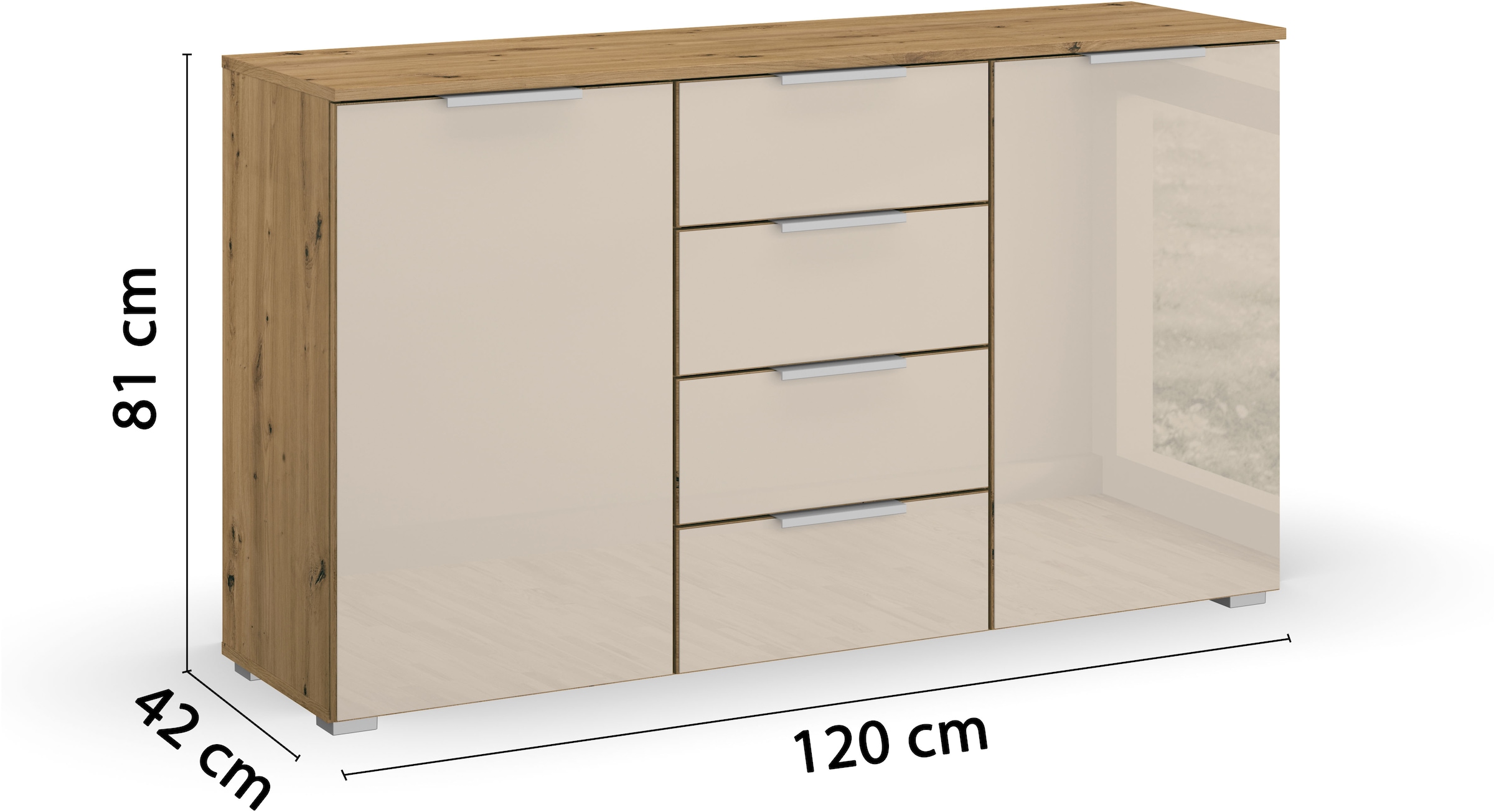 rauch Schubkastenkommode »Sideboard Kommode Kombikommode KOLUNA mit Glasfront«, (Breite 120 cm), vier große Schubladen, mit insgesamt 4 Einlegeböden MADE IN GERMANY