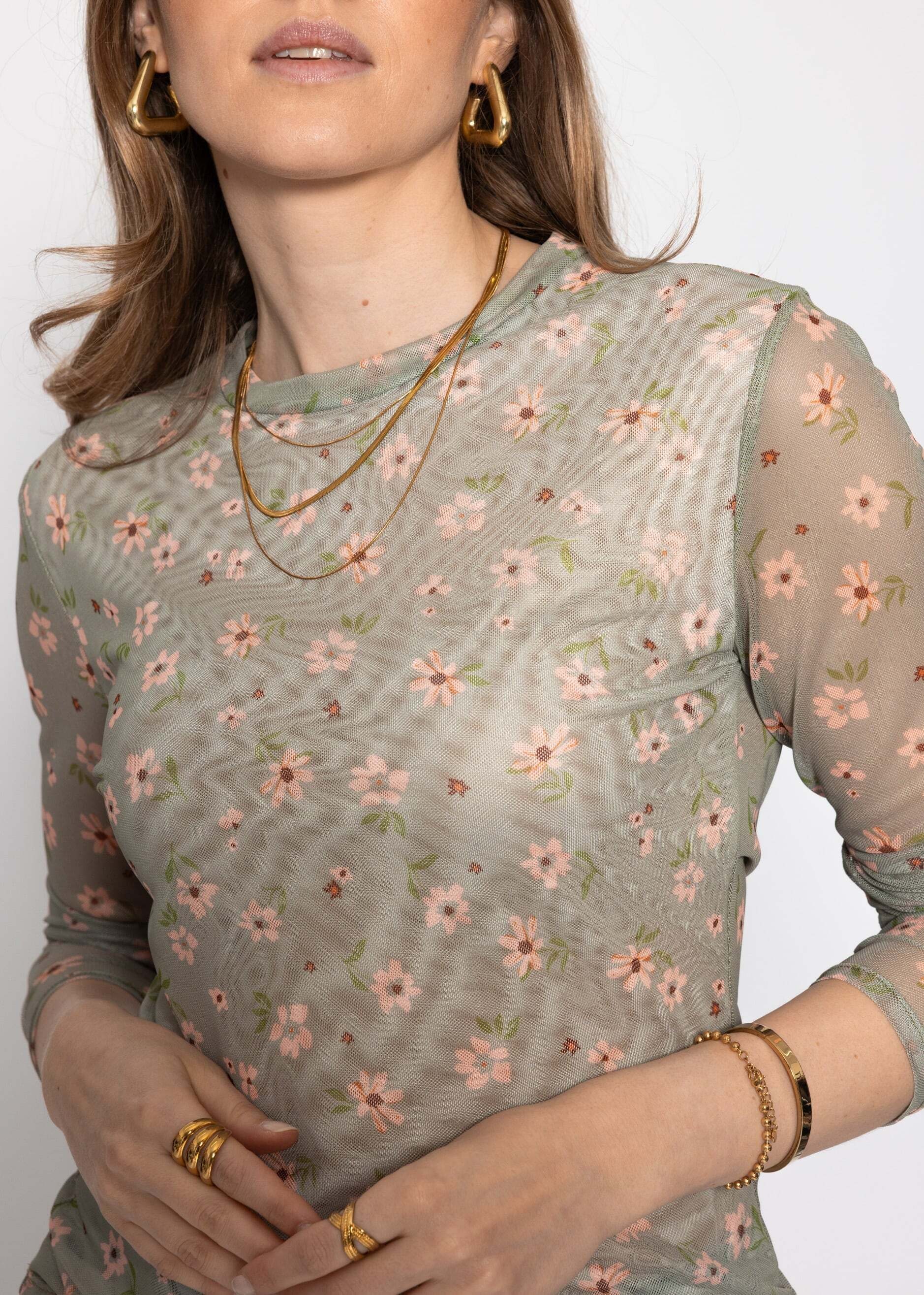 SASSYCLASSY Langarmshirt »Mesh Langarmshirt mit Blumen-Print« Vespieltes Shirt mit gefütterter Vorderseite und Rundhalsausschnitt