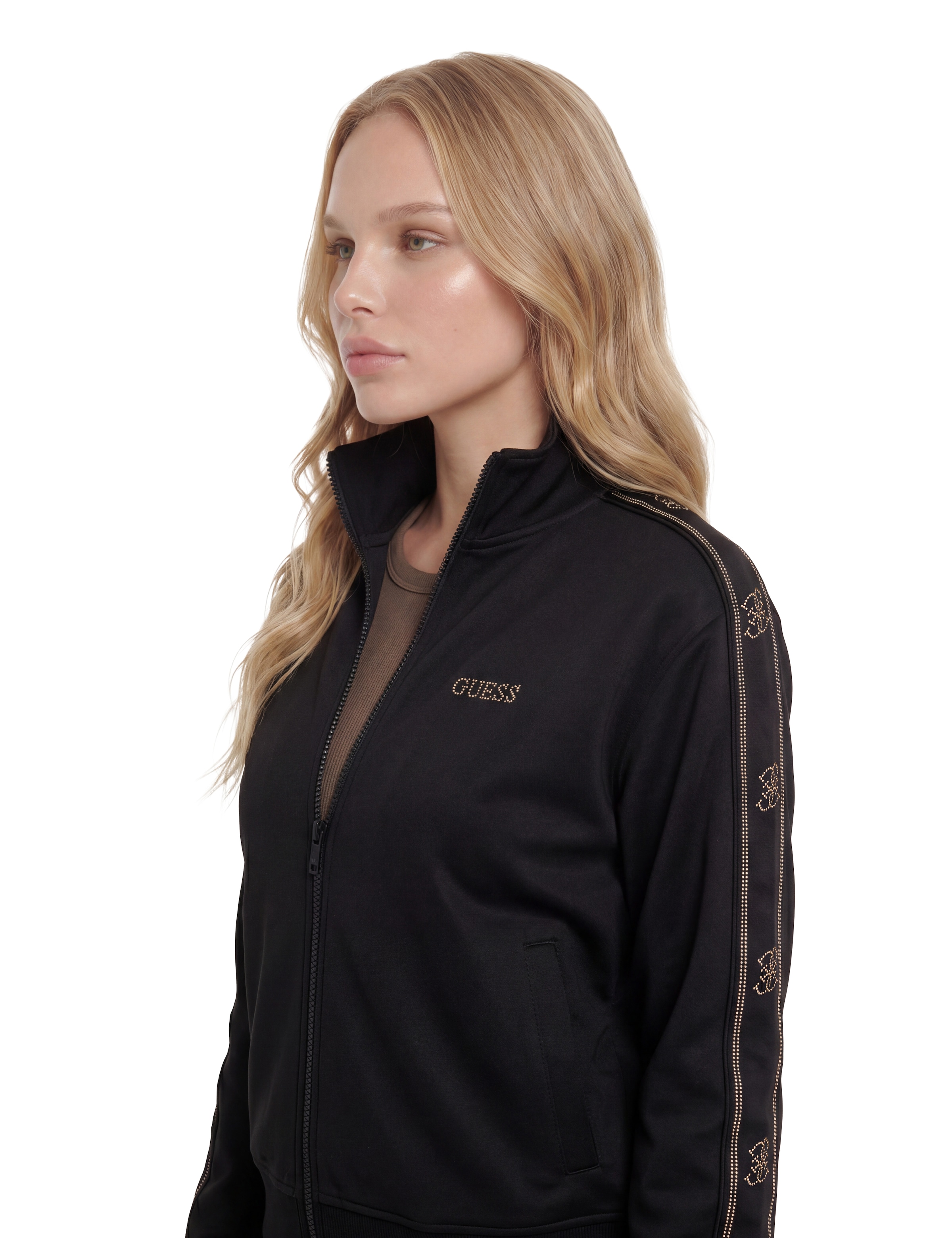 Guess Sweatjacke »OCTAVIA HIGH NECK FULL-ZIP« mit Strass-Steinen, Stehkragen
