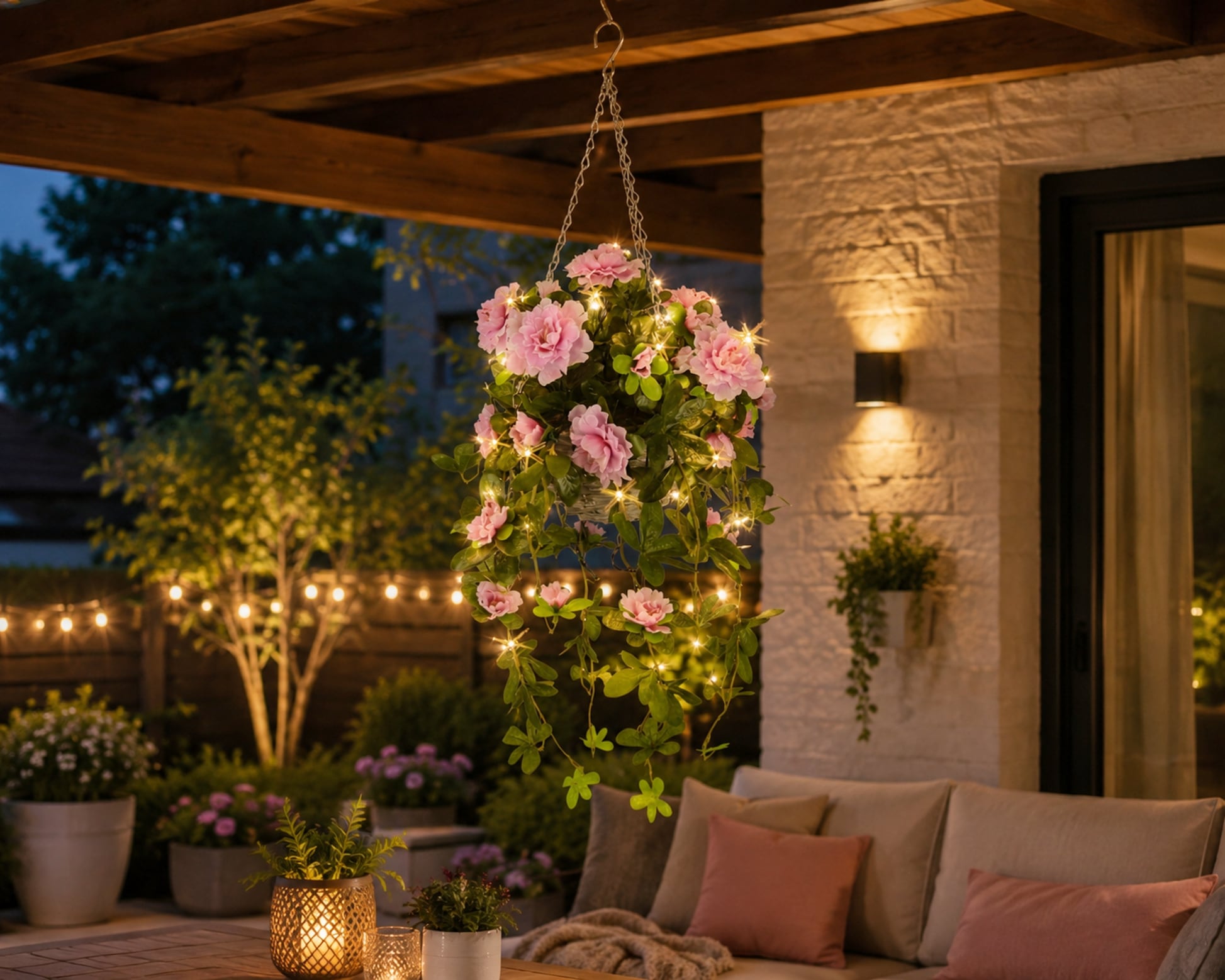 I.GE.A. Kunstblume »Künstliche Blume 'Bougainvillea' mit LED-Girlande 75cm Hängeampel« Kunstpflanze Schmetterlingsflieder Balkonpflanze Deko Party Hochzeit