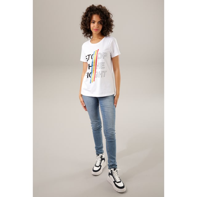 Aniston CASUAL Print-Shirt, mit bunten Glitzerstreifen, Nieten und  Schriftzug bestellen bei OTTO