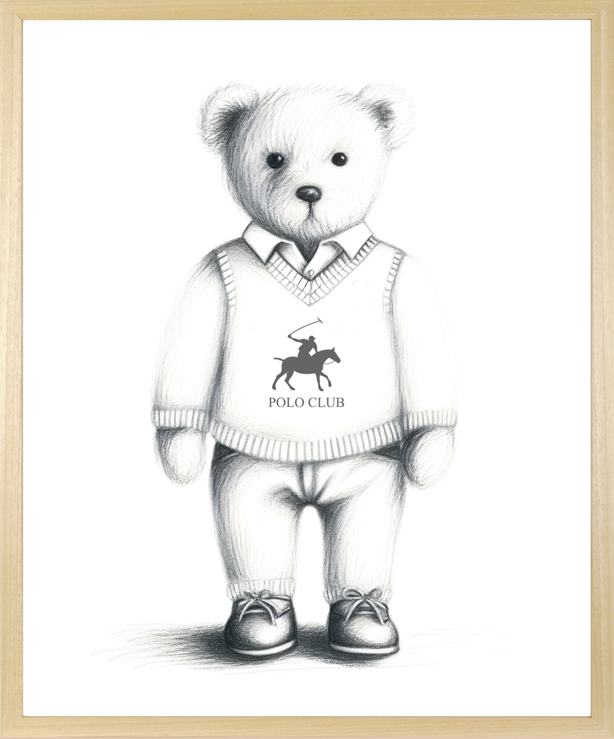 queence Bild mit Rahmen »Vintage Polo Teddy Bär in Pullunder« Bär | Bären | Fashion | Figuren | Mode | Modebilder HD Premium Poster-Druck inkl. Echtholzrahmen in beige