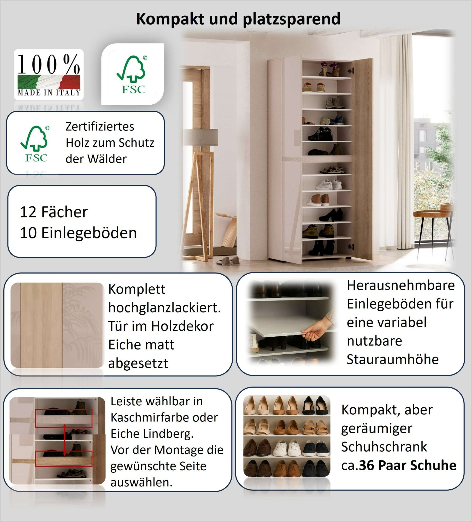 Home affaire Schuhschrank »LADY, Schuhkommode,Schuhmöbel,Schuhablage,Schuhregal« 10 Einlegeböden,12 Fächer,ca. 36 Paar Schuhe-Maße: B/T/H:80x34x200 cm