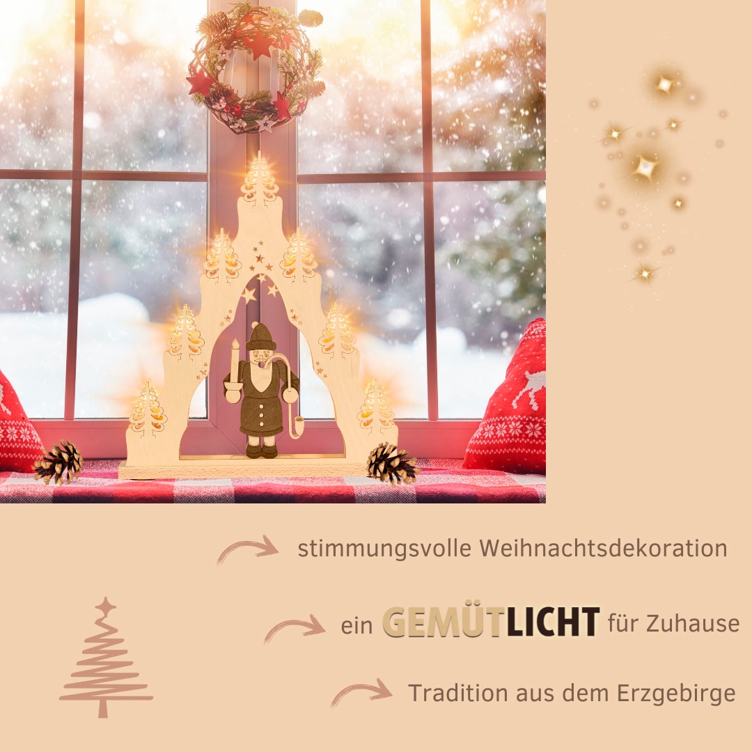 Weigla Schwibbogen »Räuchermann, Lichterspitze aus Holz, NATUR-BRAUN«, Erzgebirge garantiert, Weihnachtsdeko Innen, Weihnachtsbeleuchtung
