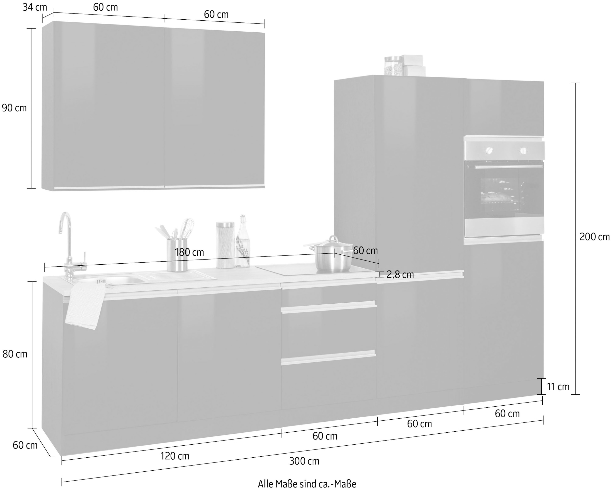 KOCHSTATION Küchenzeile »KS-Ohio« ohne E-Geräte, Breite 300 cm