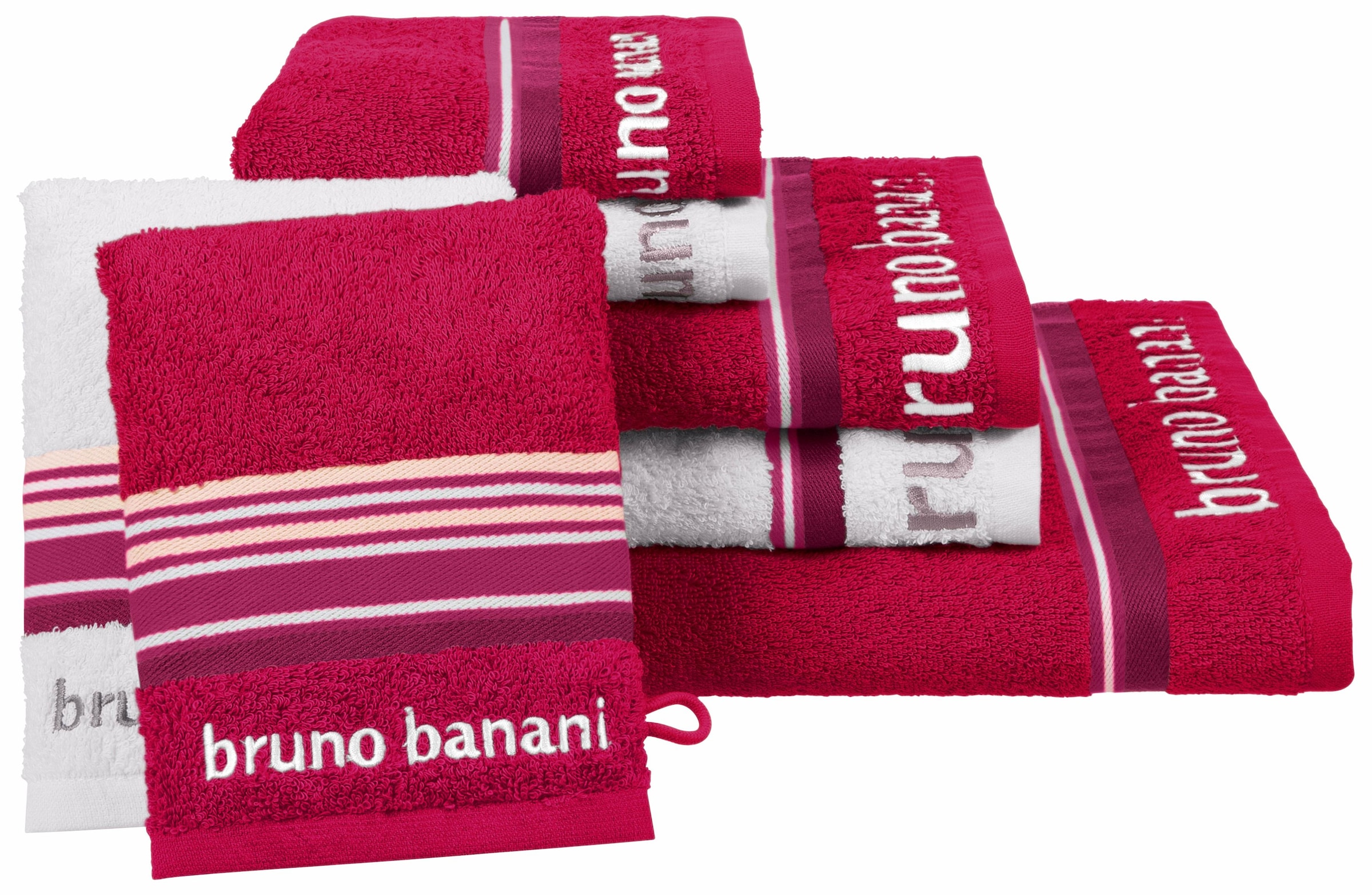 Bruno Banani Handtuch Set »Maja, 1 Duschtuch, 2 Handtücher, 2 Gästehandtücher, 2 Waschhandschuhe«, (Set, 7 St., 1 Duschtuch-2 Handtücher-2 Gästetücher-2 Waschhandschuhe), mit Bordüre und Markenlogo, 7 teiliges Handtücher Set, 100% Baumwolle