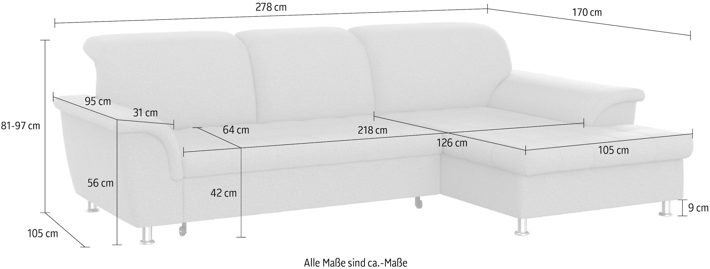 DOMO collection Ecksofa »FRANZI 278x170x81 cm, Steppung im Sitzbereich, L-Form« ohne Funktion, Flachgewebe, graphite