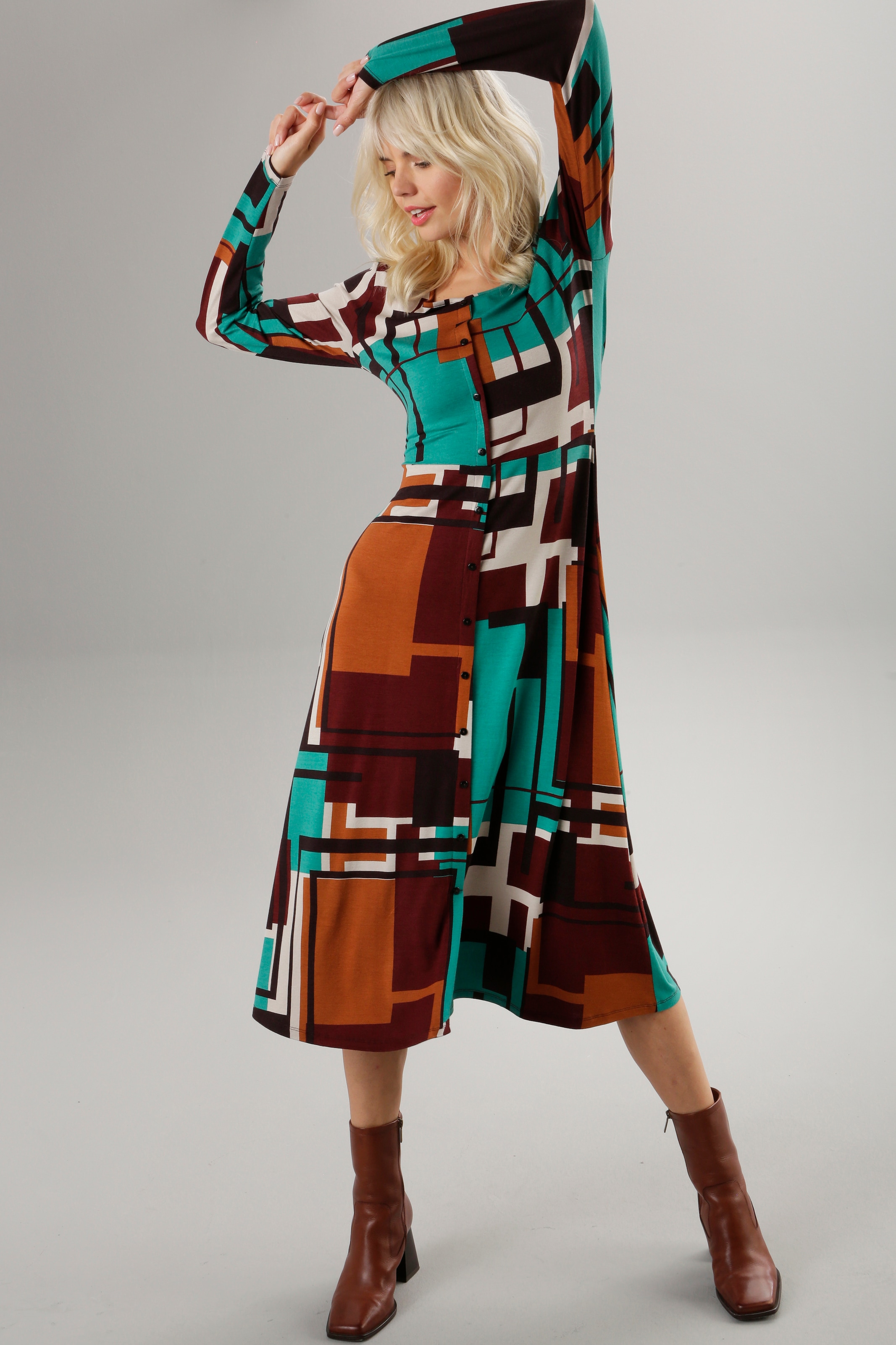 Aniston SELECTED Jerseykleid, im mit Online Shop OTTO und Fake-Knopfleiste Druck grafischem