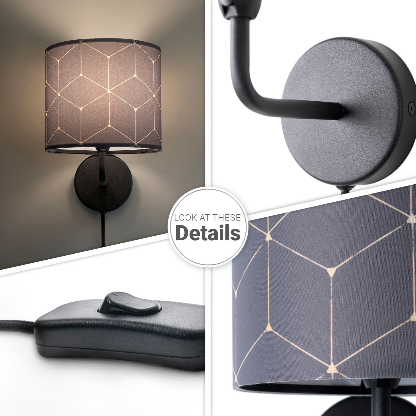 Paco Home Wandleuchte »Luca Cube«, Leuchtmittel E14 | ohne Leuchtmittel, Wohnzimmer Büro Modern Stoffschirm Rund E14 Abstrakt