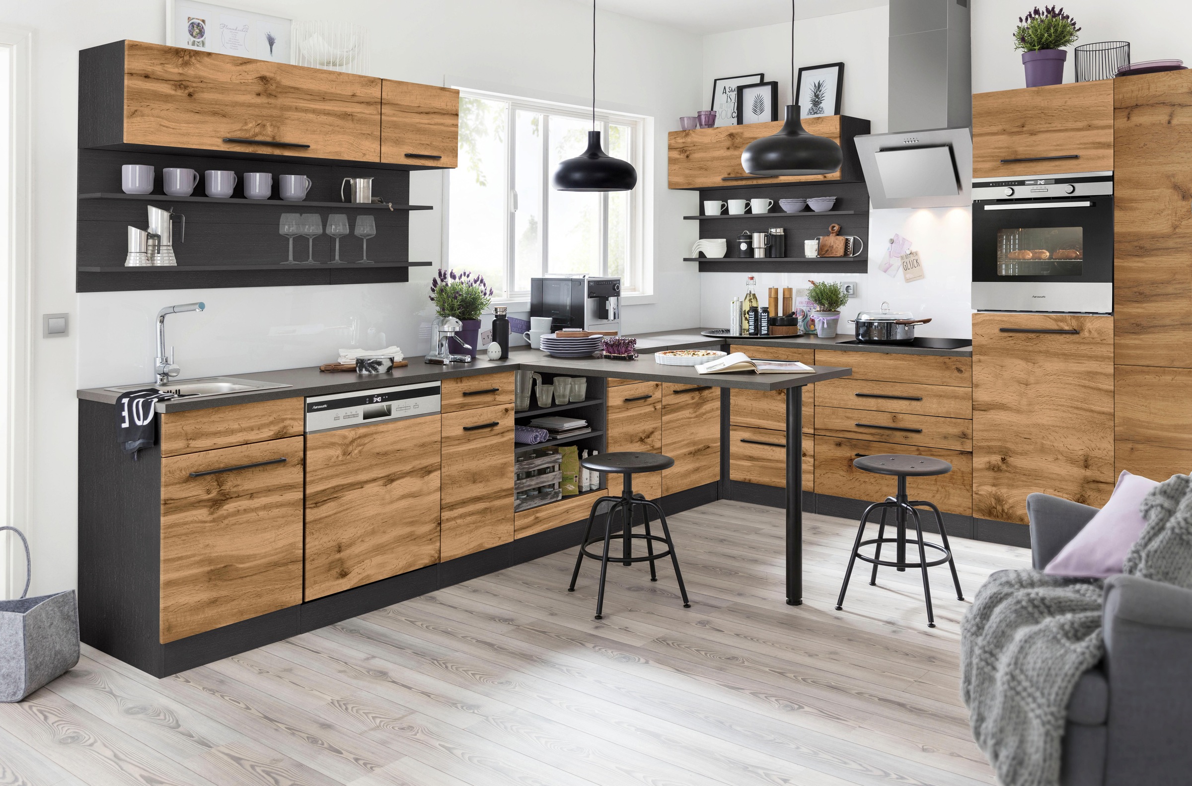 KOCHSTATION Kochfeldumbauschrank »KS-Tulsa«, 80 cm breit, 2 Schubladen, 1 großer Auszug, schwarzer Metallgriff
