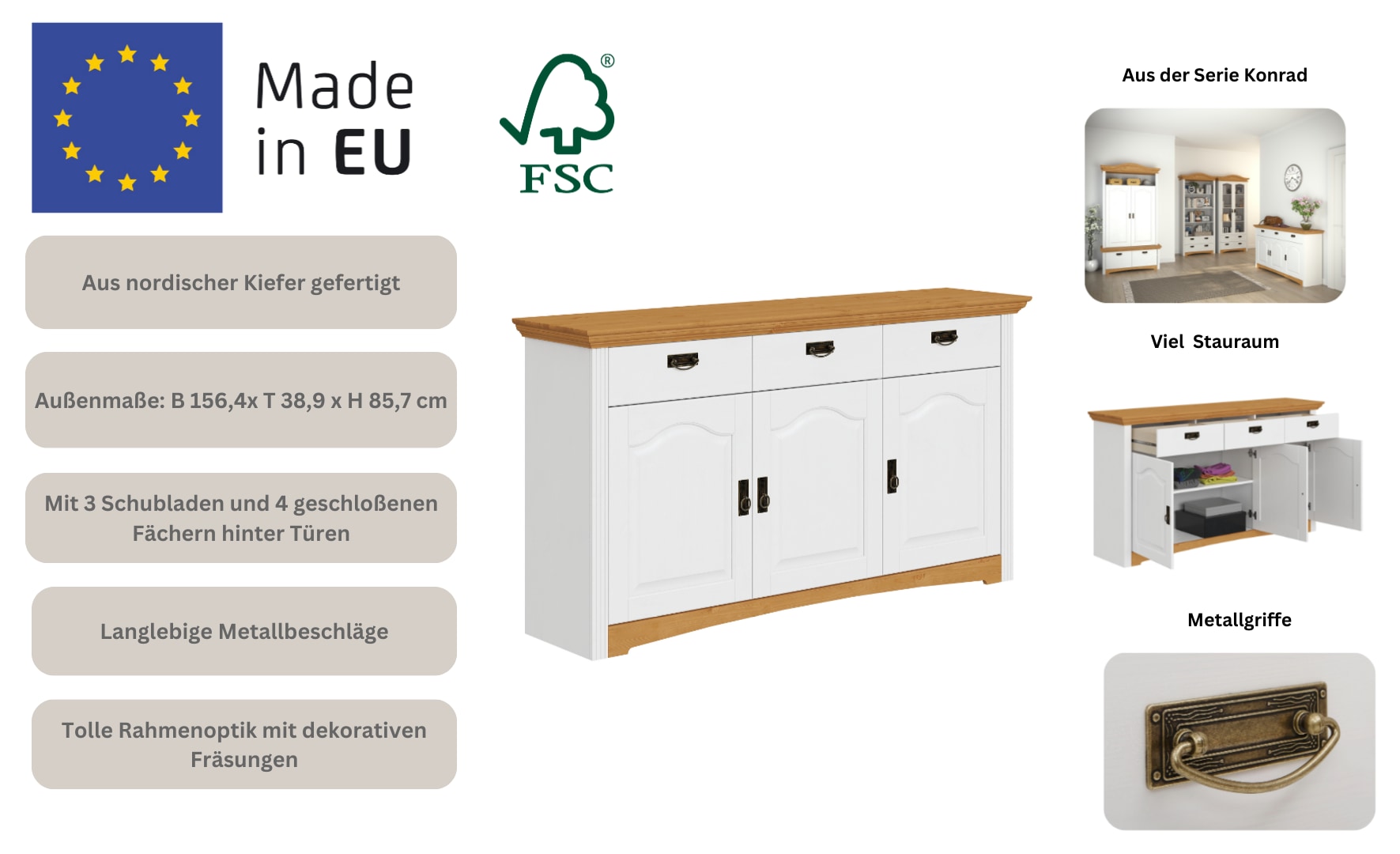 OTTO home Kommode »Konrad« aus massiver Kiefer, Breite 156 cm, mit Schubladen, FSC®