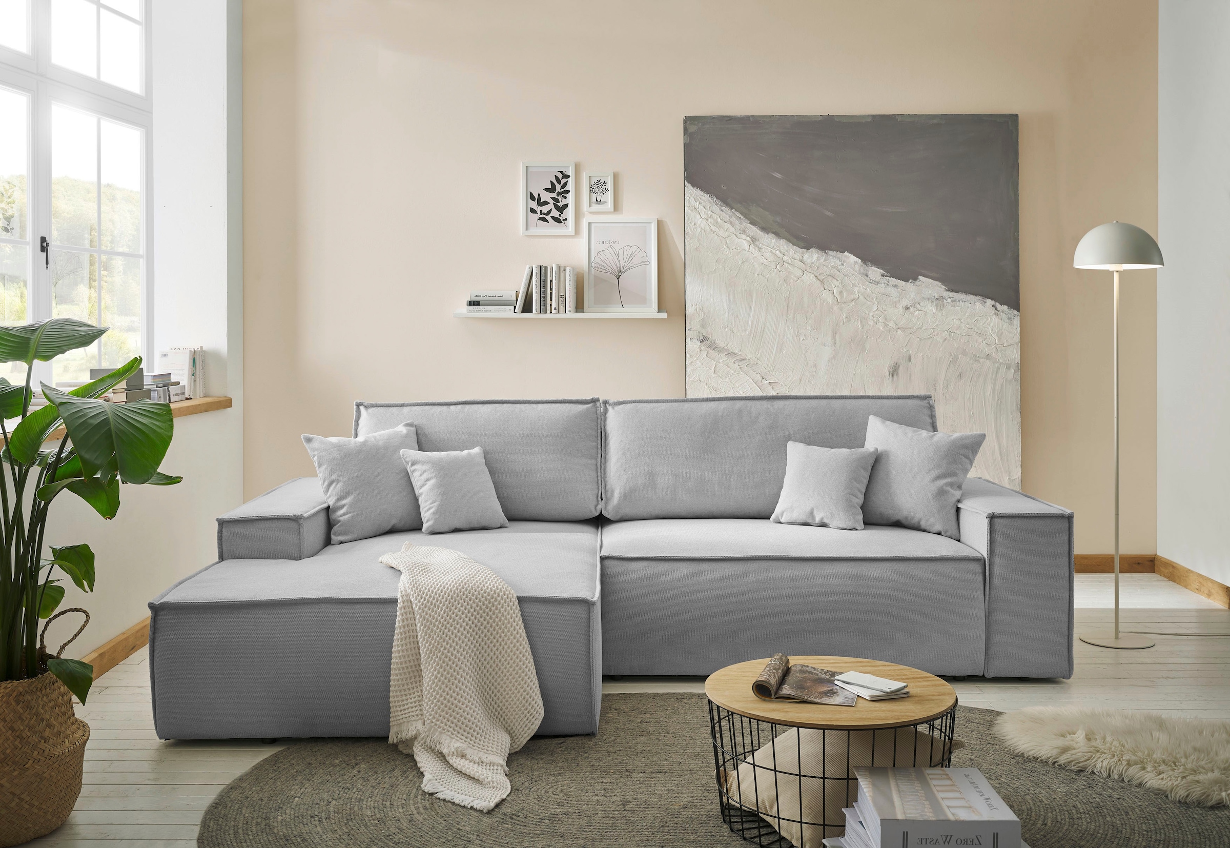 andas Ecksofa »Finnley Schlafsofa 267 cm in Bouclé u. Struktur fein, L-Form,«, Schlaffunktion m. Bettkasten (136/210 cm), Bouclé, Struktur