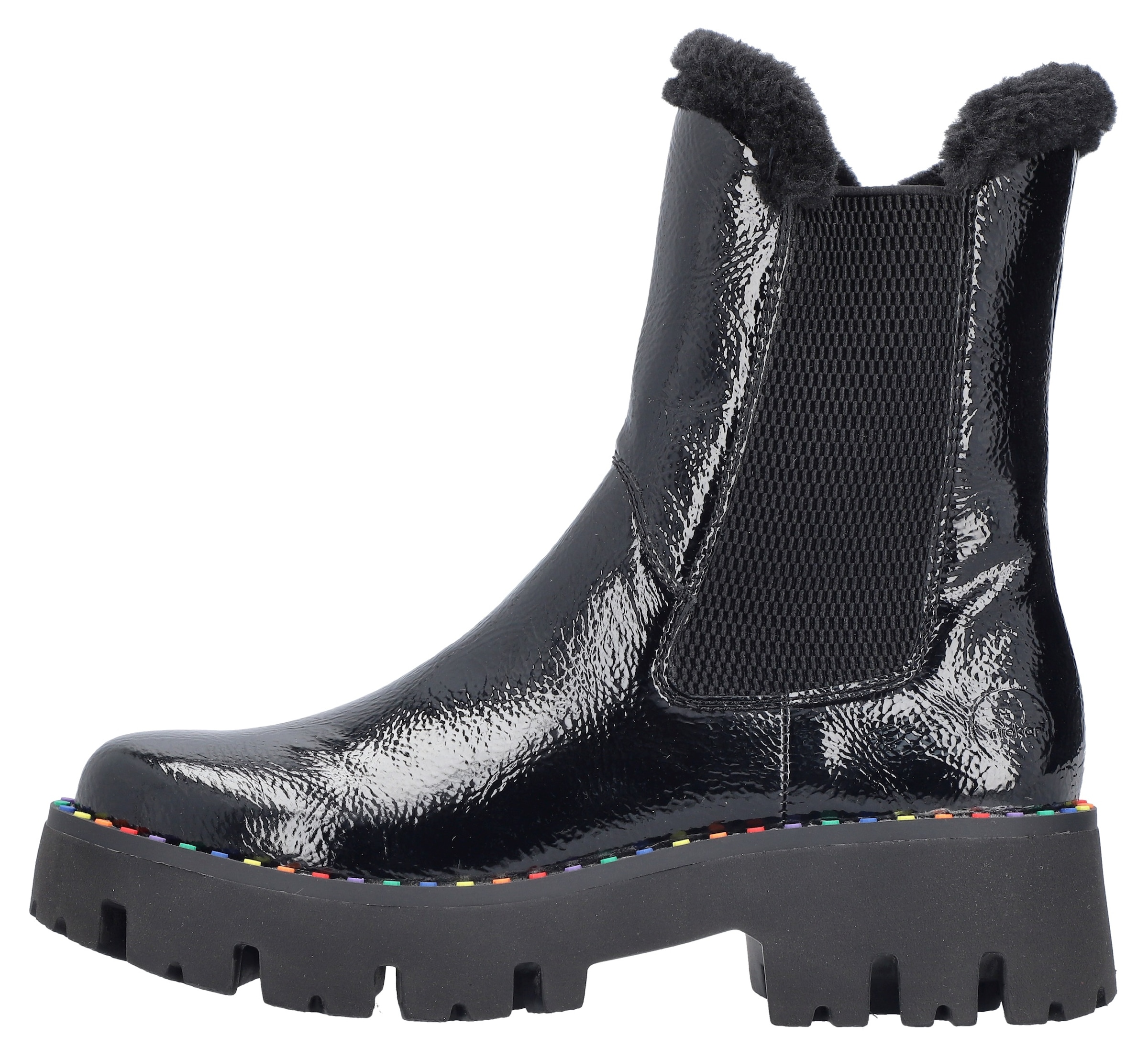 Rieker Winterstiefelette  Plateauboots, Winterboots, Lack-Stiefelette mit buntem Sohlenrand