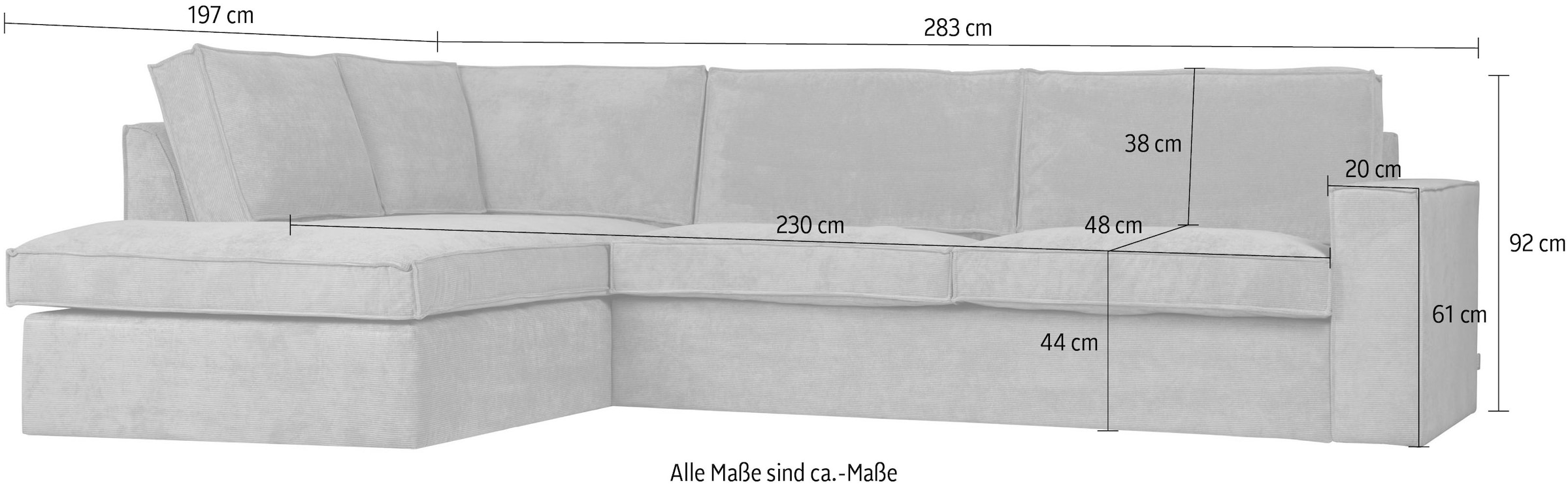 WOOOD Ecksofa »Thomas« frei im Raum stellbar, Stellmaße H 92 cm x B 283 cm, L-Form