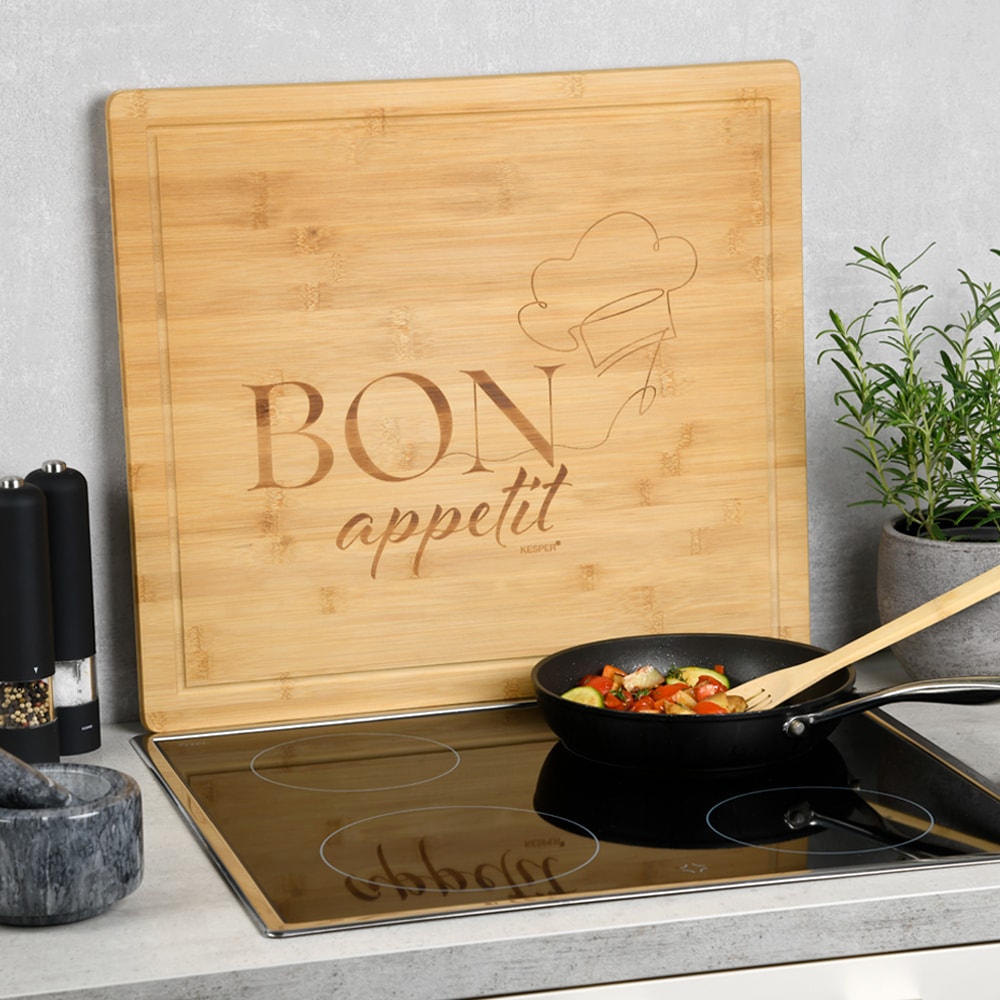KESPER® Herdblende-/Abdeckplatte »Schneidebrett, Bon appetit« mit vier Bambusfüßen