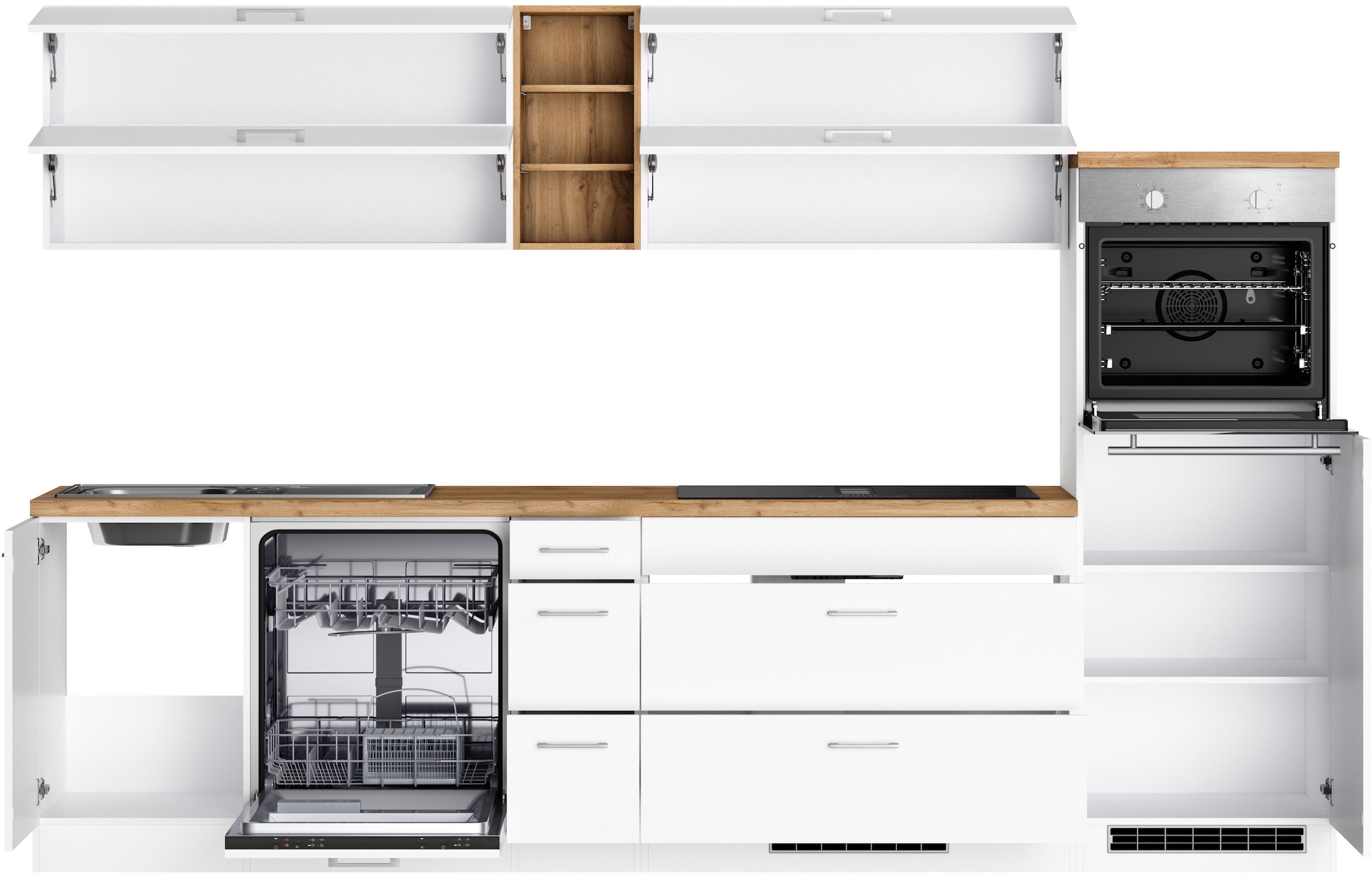 KOCHSTATION Küchenzeile »KS-Milan, optional mit Muldenlüfter« Breite 300 cm, wahlweise mit E-Geräten, Kochfeld mit Dunstabzug