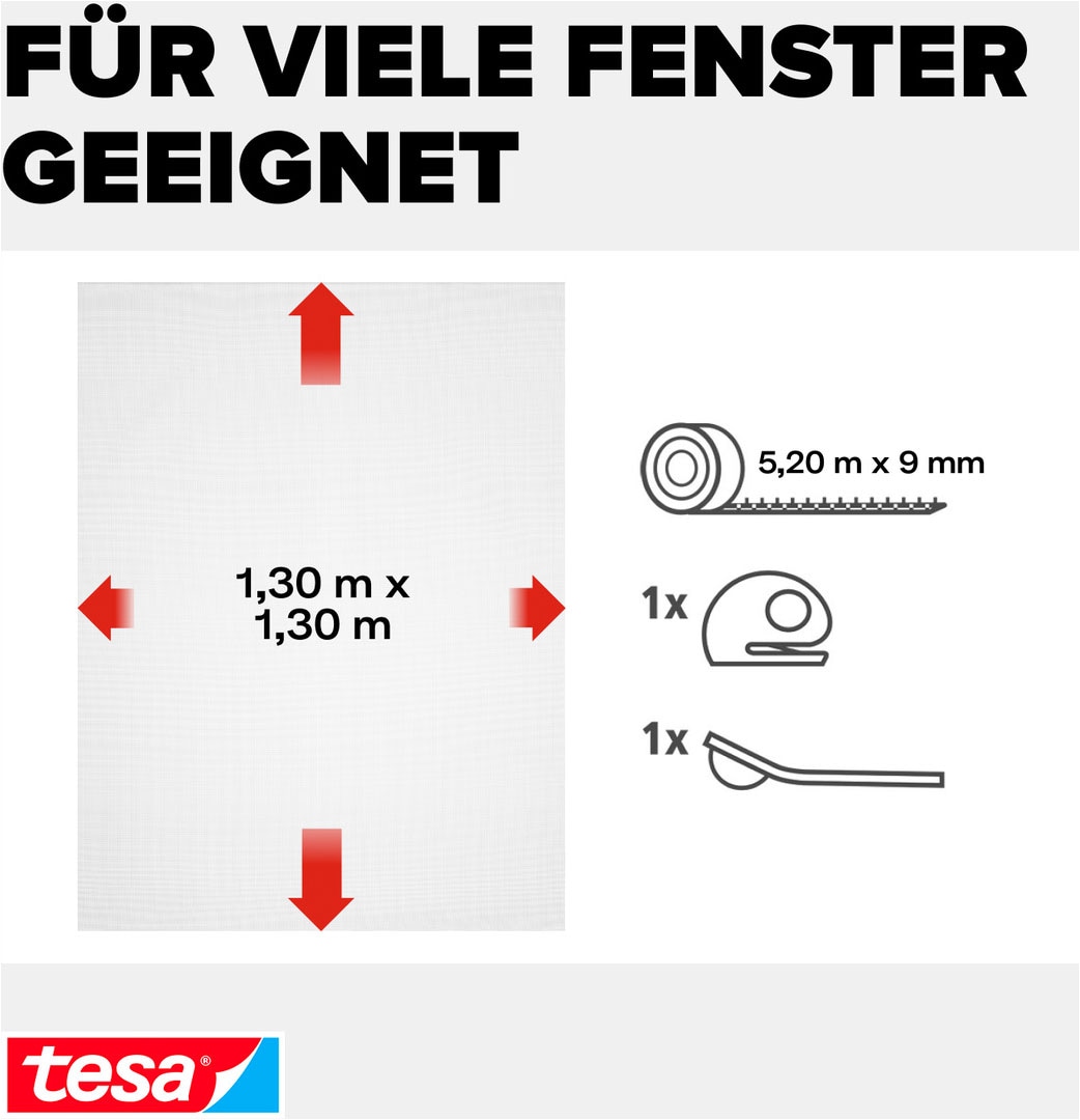 tesa Insektenschutz-Fensterrahmen »Insect Stop Comfort Fliegengitter für Fenster - 1.3 m x 1.3 m« Packung, Fliegennetz, Klettband, Andrück und Schneidehilfe, 1 Stk. tlg. Insektenschutzgitter - ohne Bohren - zuschneidbar