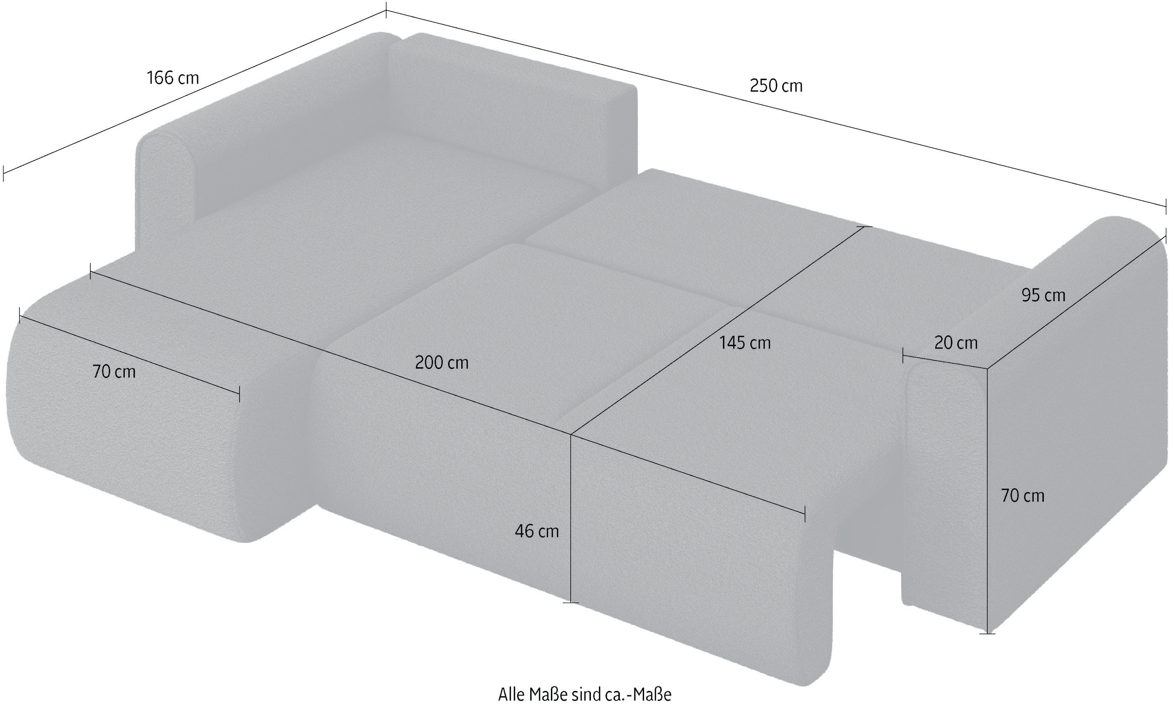 INOSIGN Ecksofa »Zacharia wahlweise Schlafsofa mit Bettkasten, B/T/H 250/166/86 cm«, L-Form mit Wellenunterfederung, Recamiere beidseitig montierbar
