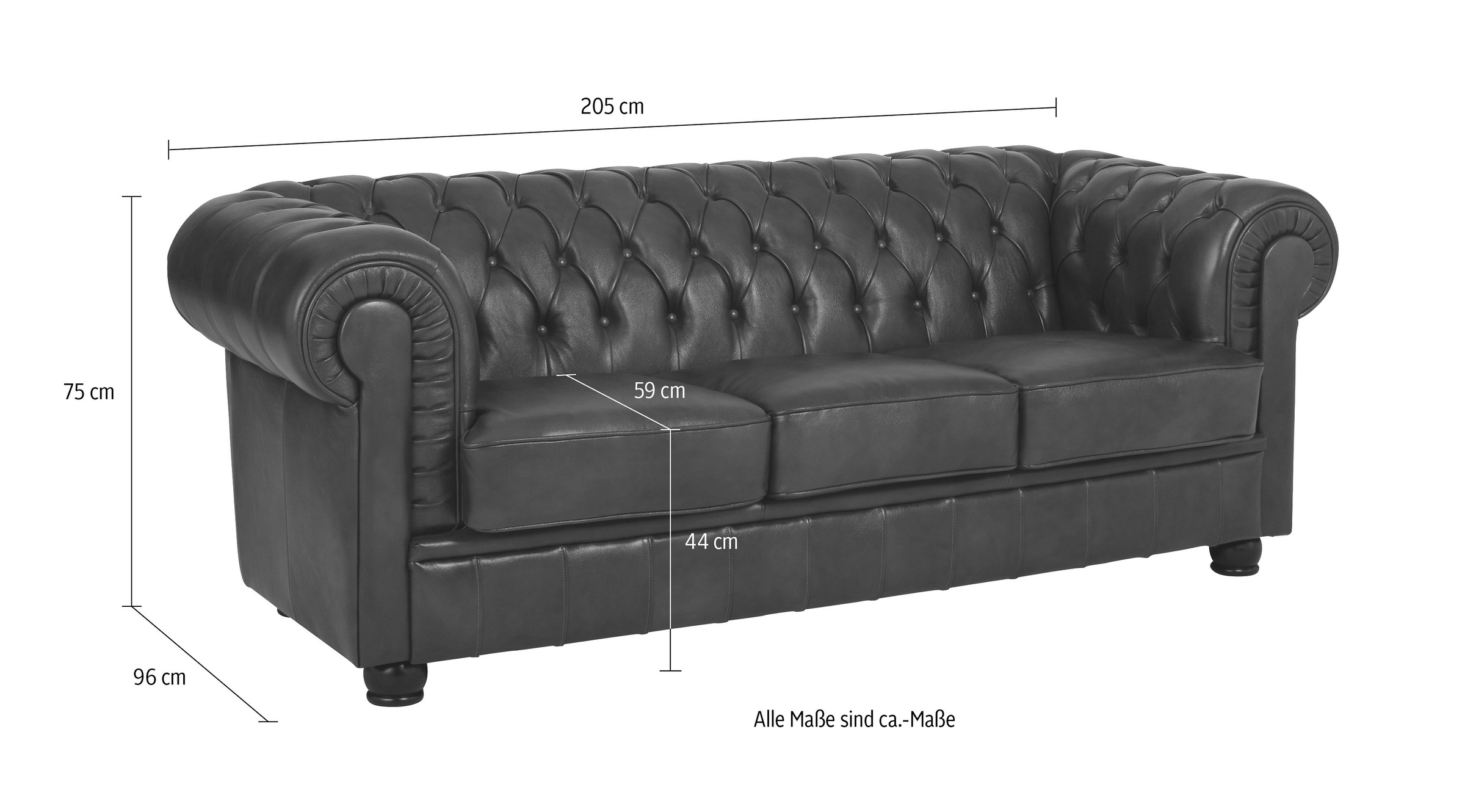 Max Winzer® Chesterfield-Sofa »Kent edel und bequem, tolle Detailverarbeitung, komfortable Armlehnen«, 3-Sitzer mit aufwendiger Knopfheftung, Breite 205 cm