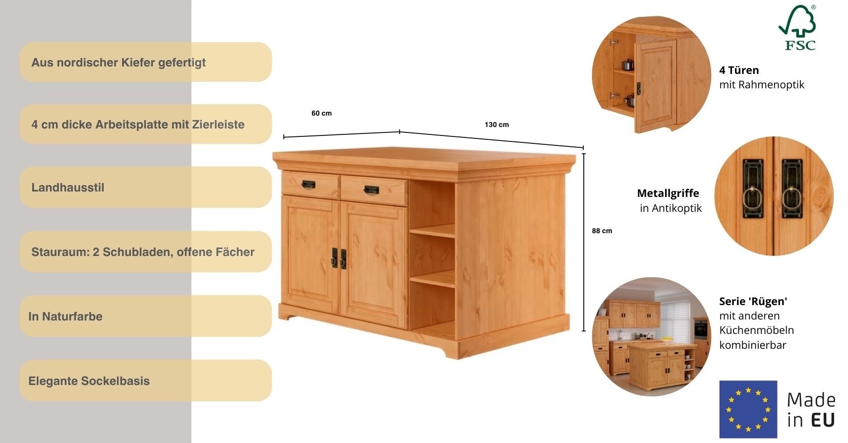 Home affaire Kücheninsel »Rügen« Breite 130 cm, Kiefer massiv, mit Türen, Schubkästen, offenen Fächern