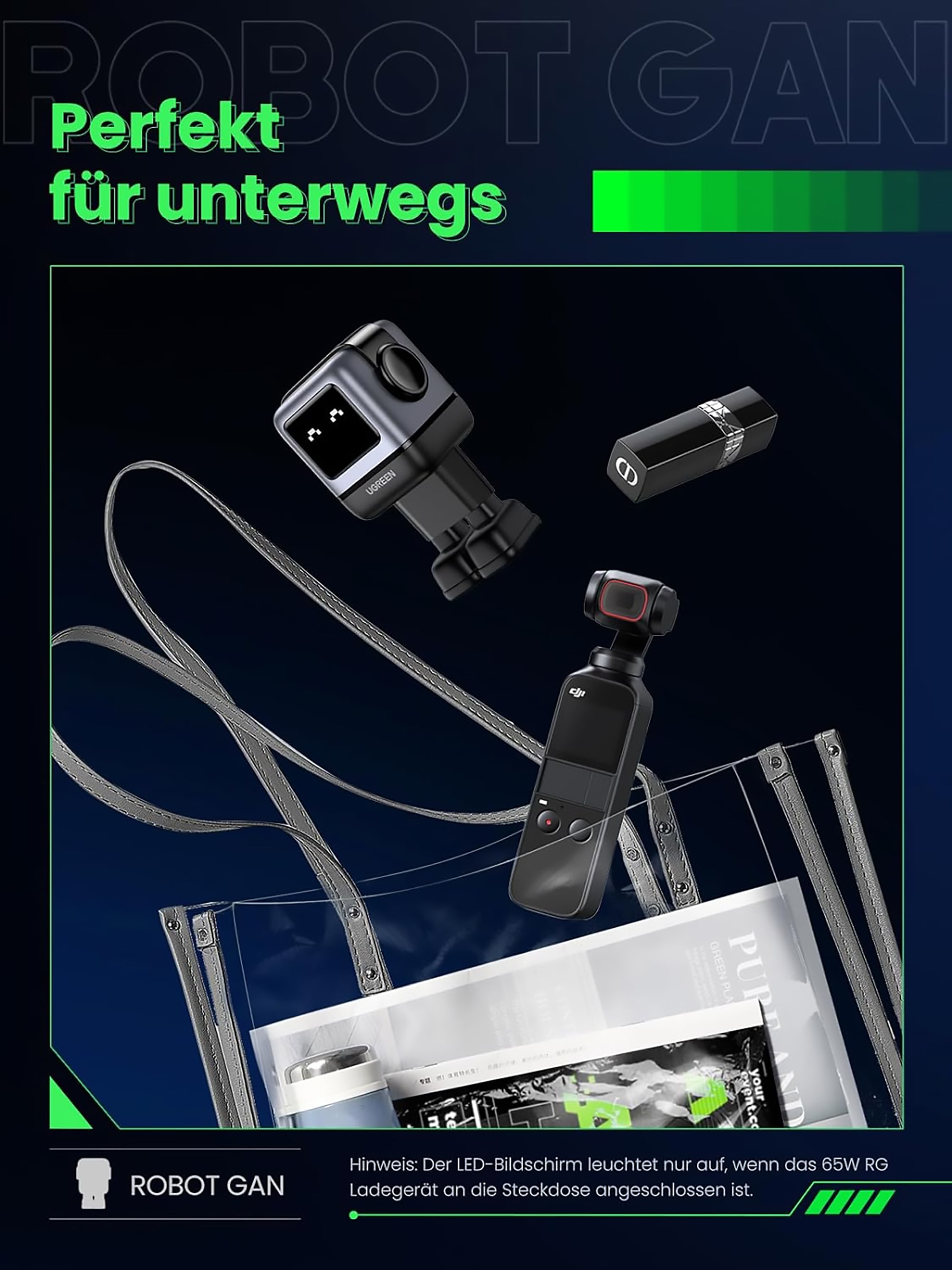 UGREEN USB-Ladegerät »UGREEN Uno Robot GaN Tech 65W USB-A+2*USB-C Fast Charger«, Roboter-Form mit LED-Anzeige und magnetischem Fuß