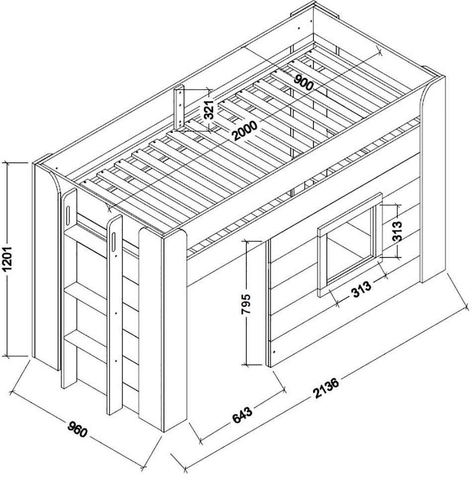 Vipack Hochbett »Noah, ein tolles Budenbett mit hoher Standfestigkeit, weiß lackiert«, (B/H/Tca.214x120x96cm, Leiter rechts/links möglich, Absturzschutz oben), inkl. Rolllattenrost, wahlweise mit und ohne Textilvorhang