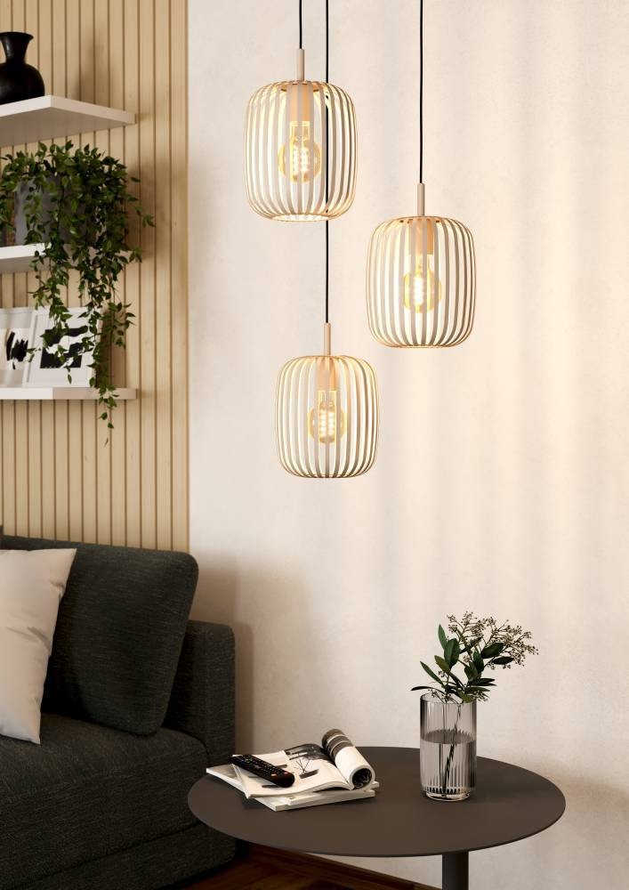 EGLO Hängeleuchte »ROMAZZINA Pendelleuchte, Esstischleuchte, sandfarben, Metall, E27«, 3 flammig, Leuchtmittel E27 | ohne Leuchtmittel, Hängelampe, Wohnzimmer, modern, ballonförmiger Lampenschirm, 110x46cm