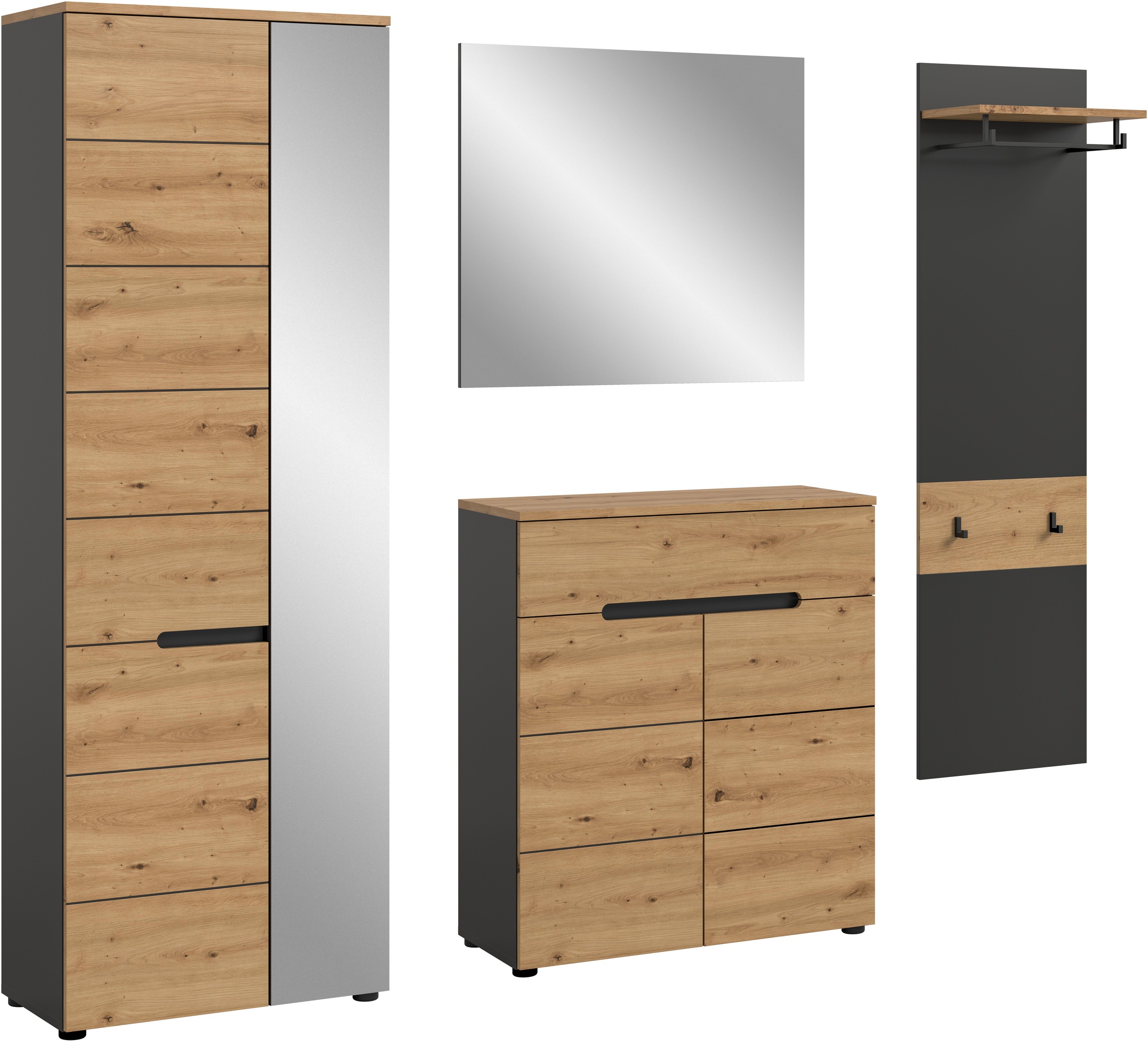 Home affaire Garderoben-Set »REHAT, TOPSELLER!, 4-teilig, Breite 220 cm, individuell erweiterbar« Set, bestehend aus: Garderobenschrank, Kommode, Spiegel & Garderobenpaneel, 4 Stk. tlg.