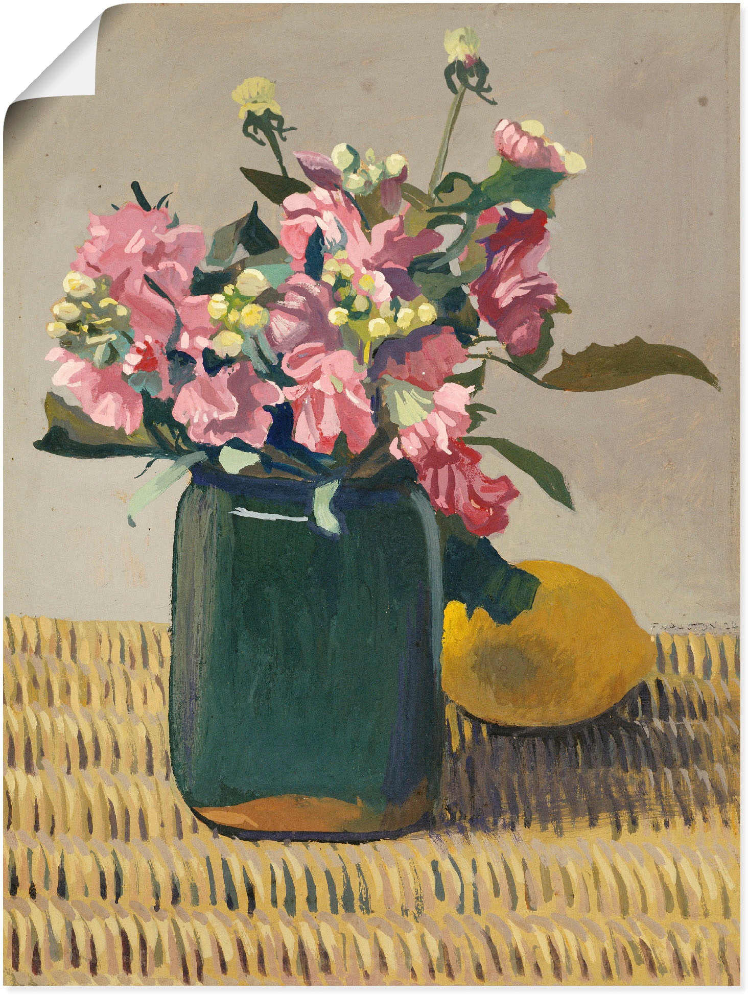 Artland Wandbild »Blumenstrauß und eine Zitrone. 1924«, Arrangements, (1 St.), in vielen Größen & Produktarten -Leinwandbild, Poster, Wandaufkleber / Wandtattoo auch für Badezimmer geeignet