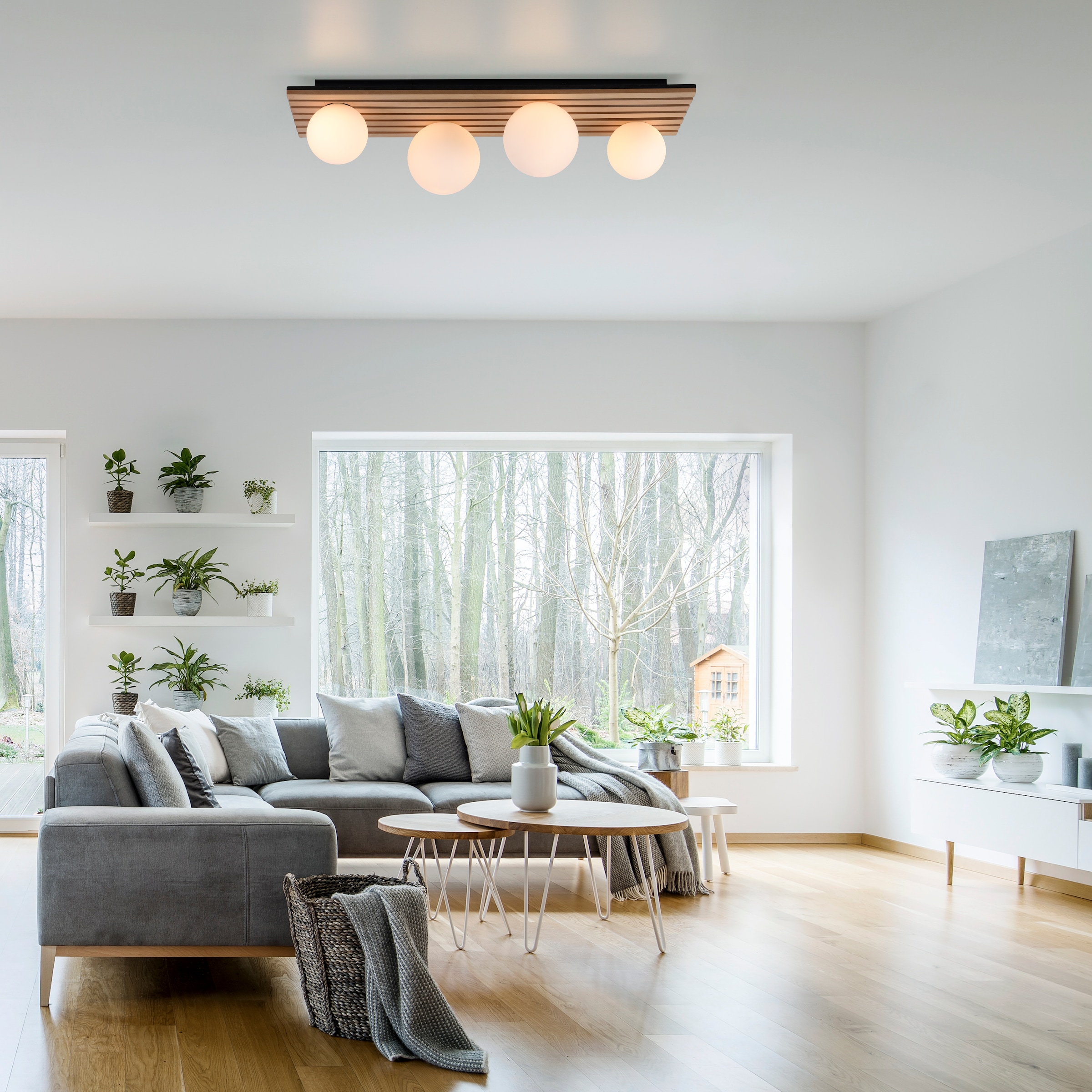 Leonique Deckenleuchte »Erinette Akustikpaneele mit Glaskugeln«, 4 flammig, Leuchtmittel G9 | Leuchtmittel wechselbar-ohne Leuchtmittel, Holz, Akustik, Paneele, Glas, opal matt weiß, Deckenlampe