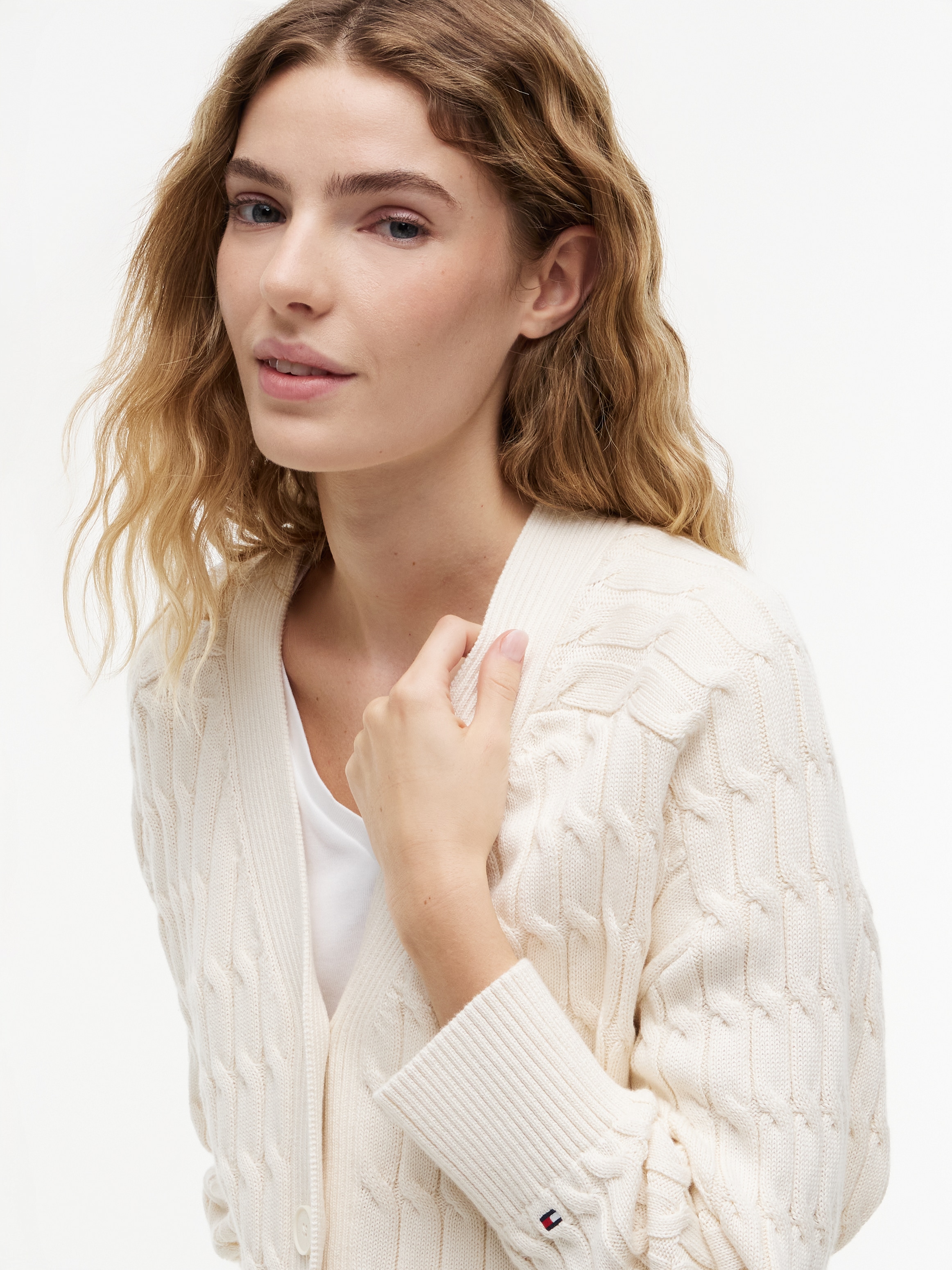 Tommy Hilfiger Strickjacke »MID GG CABLE V-NK LS CARDI« Baumwolle, mit Zopfstrickmuster