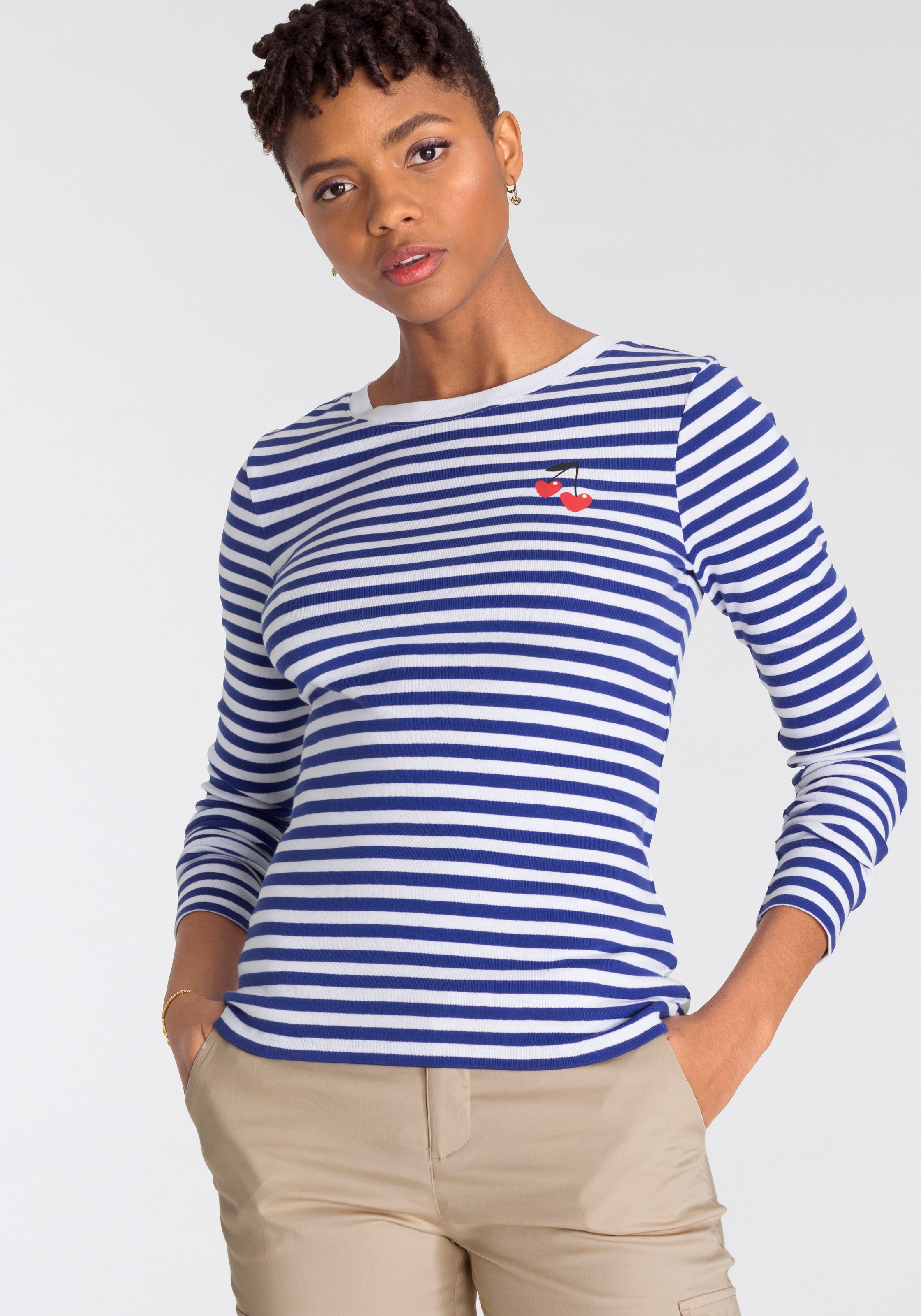 AJC Langarmshirt, mit maritimen Streifen und kleinem Kirsch-Druck auf der Brust - NEUE KOLLEKTION