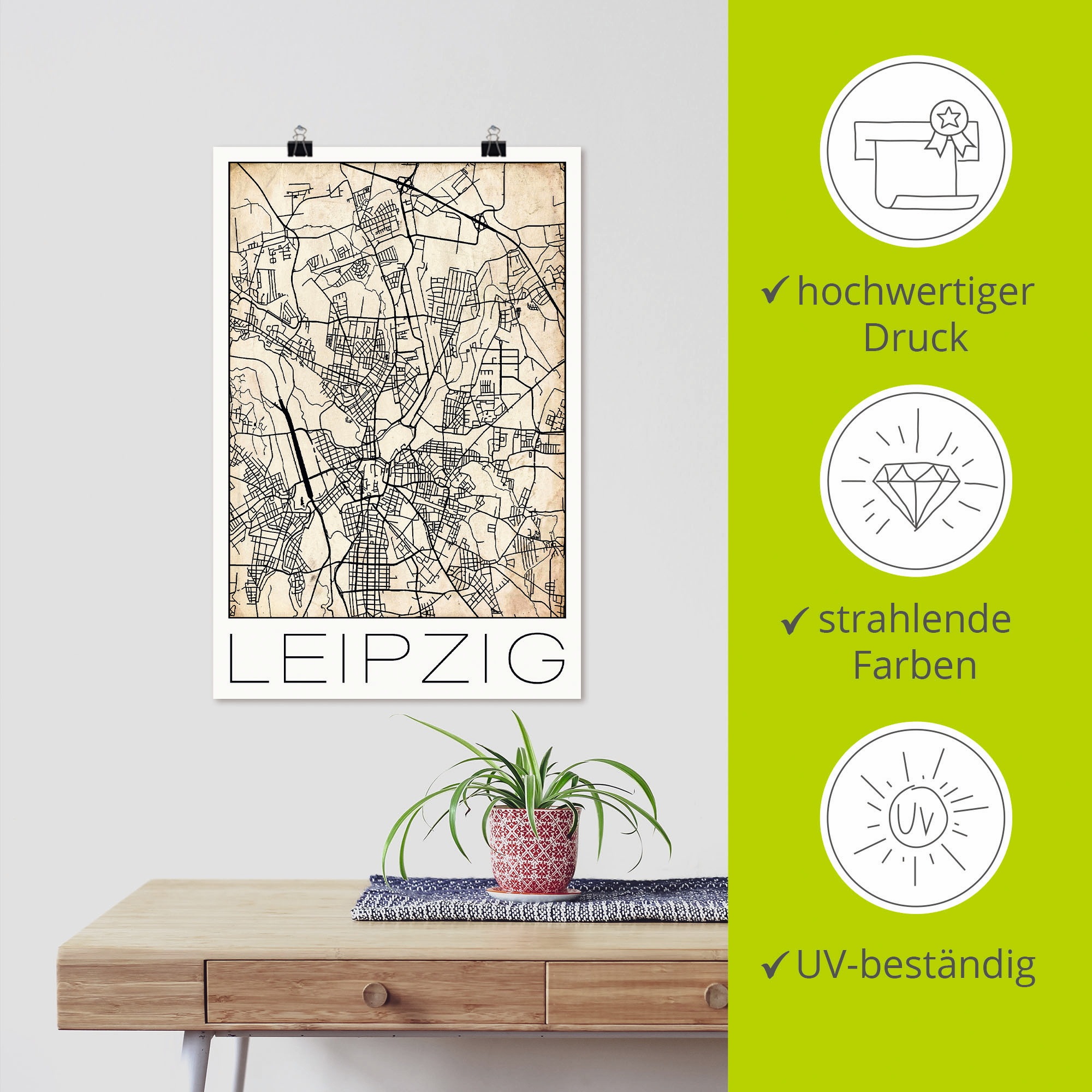 Artland Wandbild »Retro Karte Leipzig Deutschland Grunge«, Deutschland, (1 St.), als Alubild, Leinwandbild, Wandaufkleber oder Poster in versch. Größen