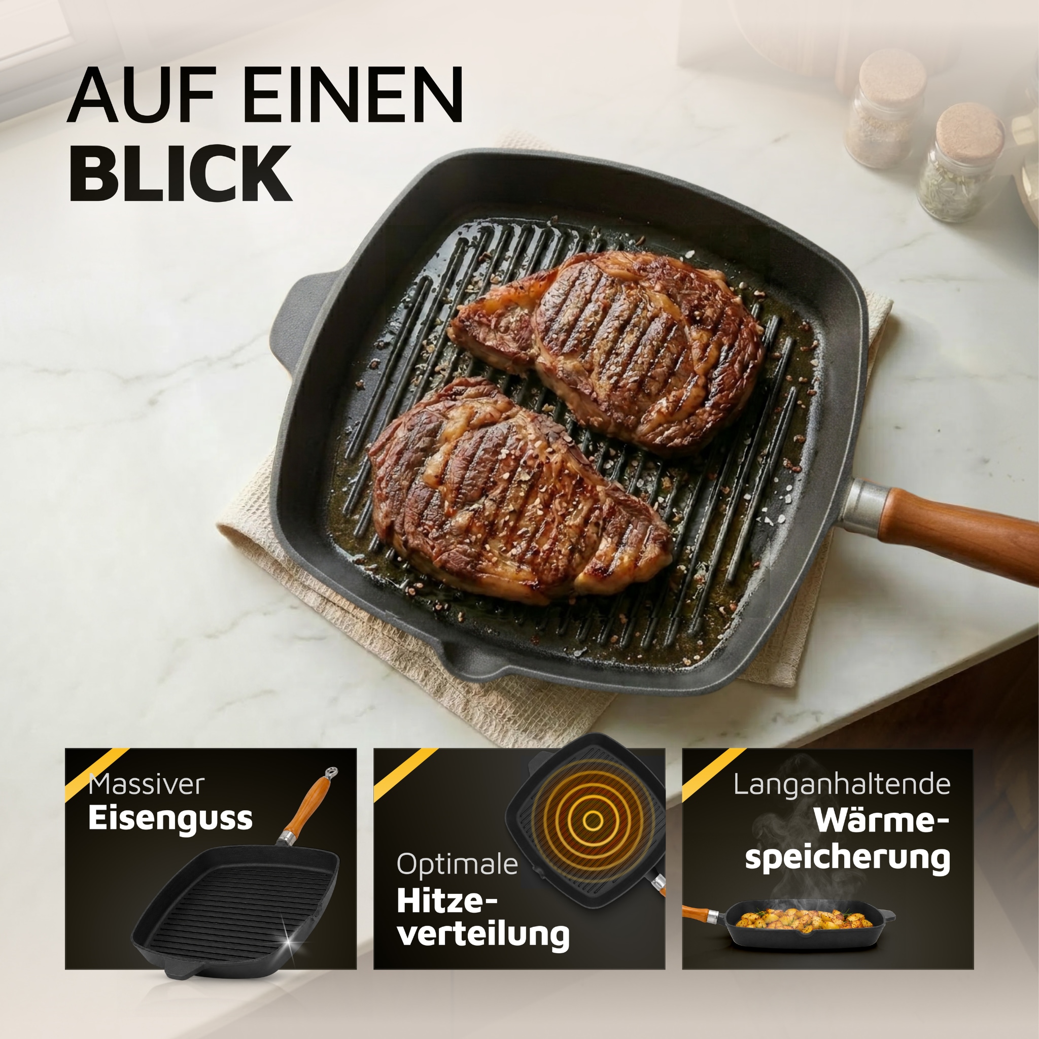 Krüger Steakpfanne »Einsenguss Grill-/ Steakpfanne RUSTICA, 28 x 28cm« Gusseisen 1 Stk. tlg. für Induktions-Kochfelder geeignet