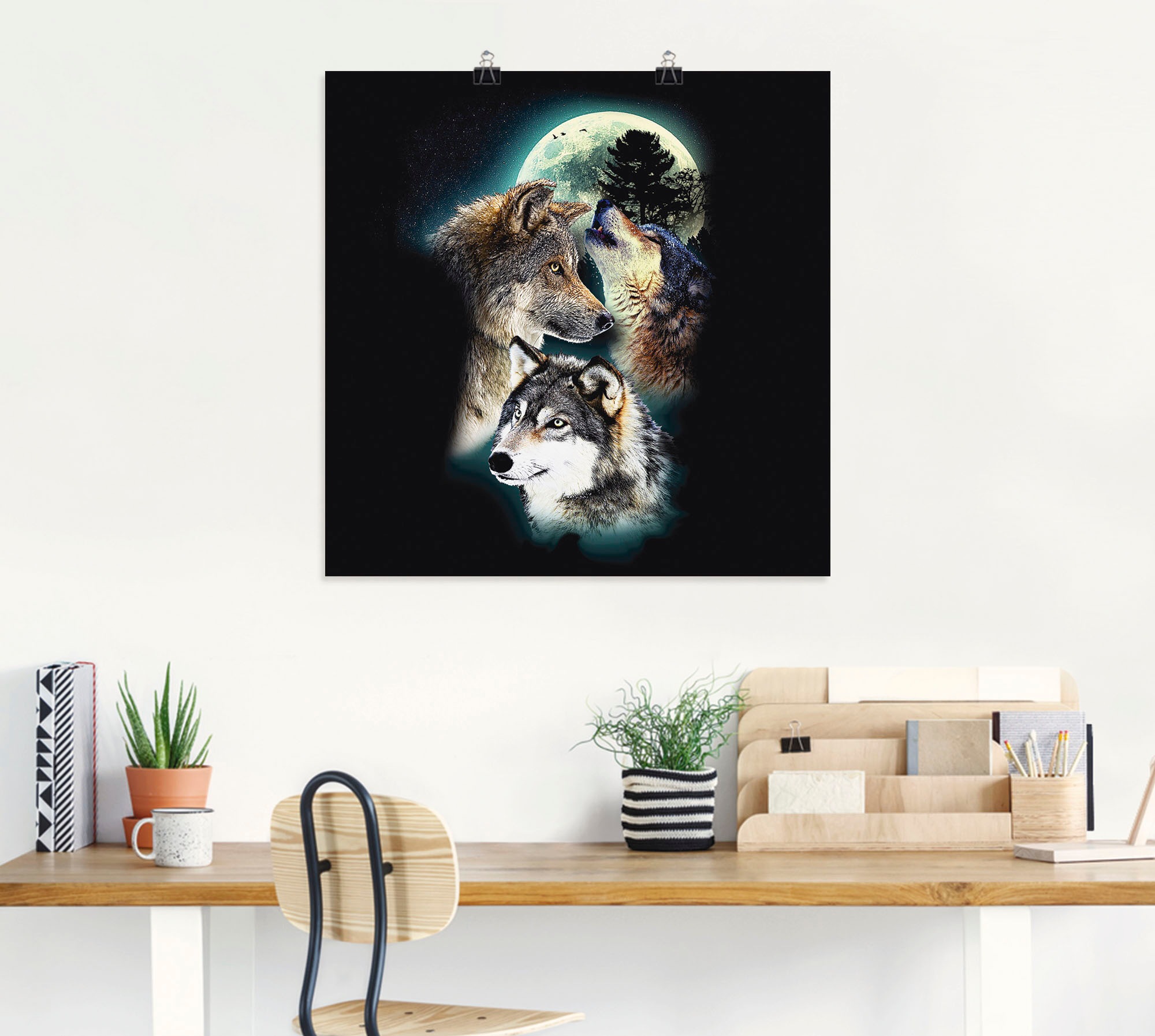 Artland Wandbild »Phantasie Wolf Wölfe mit Mond«, Wildtiere, (1 St.), als Leinwandbild, Poster, Wandaufkleber in verschied. Größen