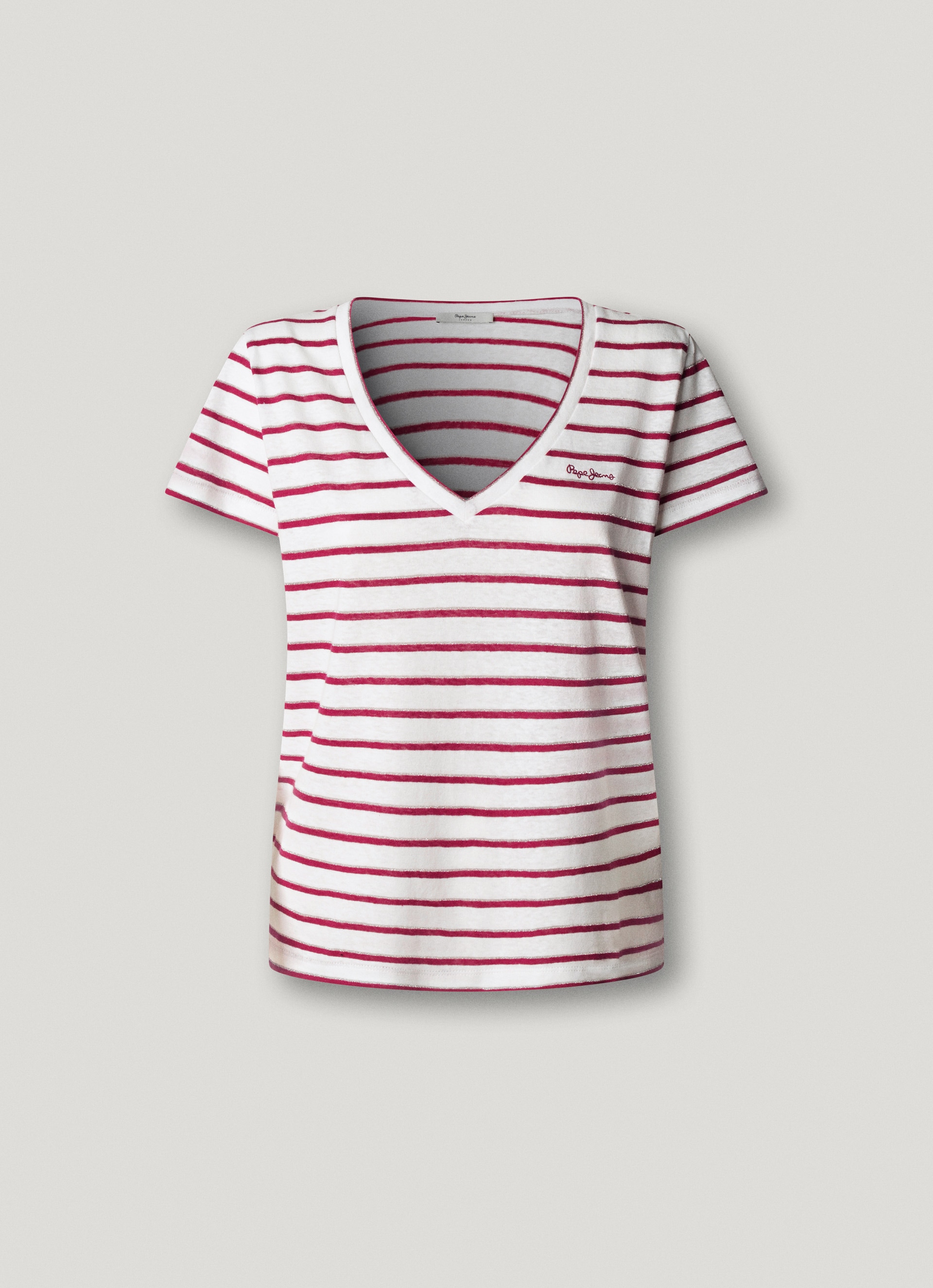 Pepe Jeans T-Shirt »MEGAN V-NECK STRIPED« aus Leinenmischung mit Glitzergarn