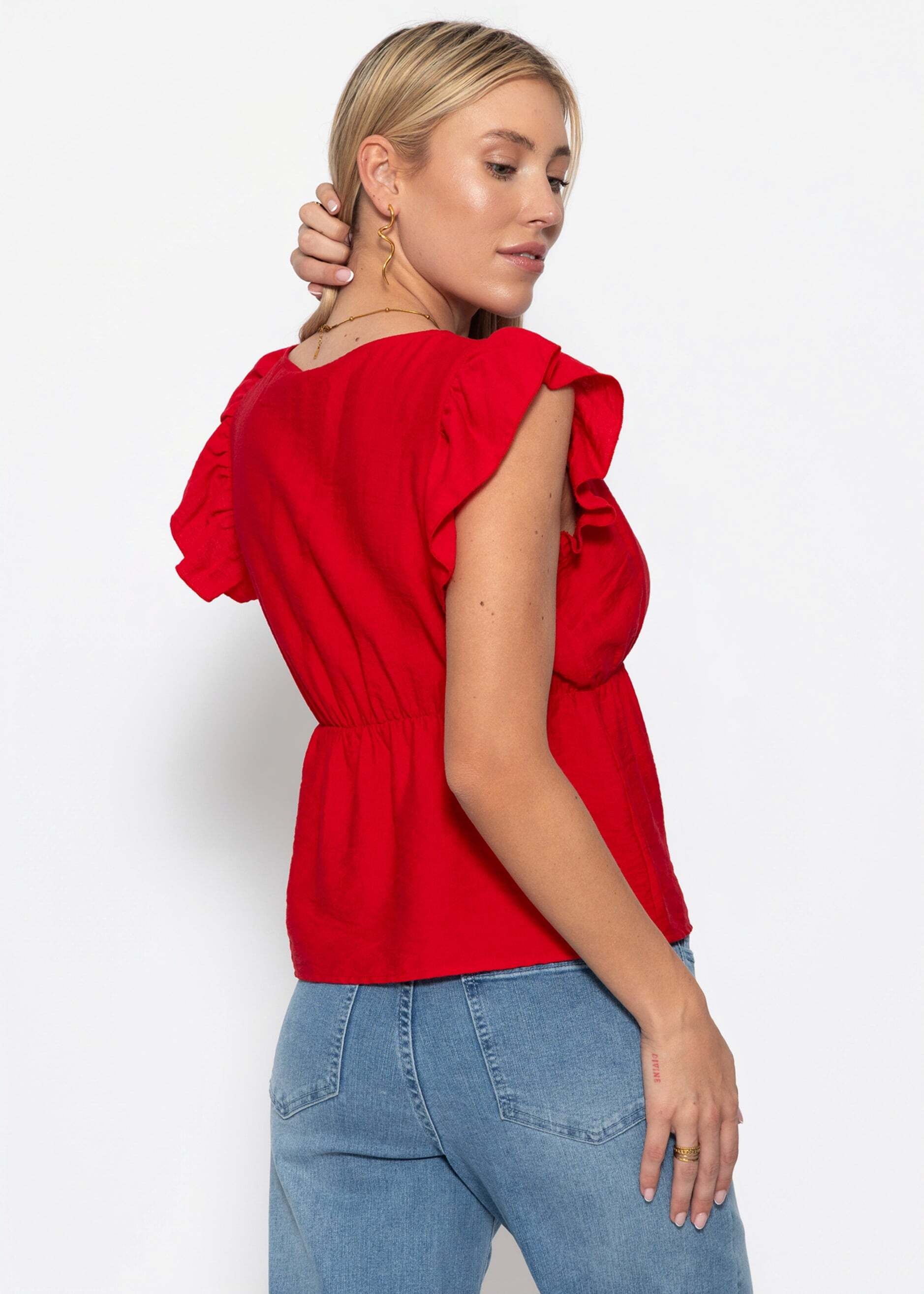 SASSYCLASSY T-Shirt »Blusentop mit Rüschenärmeln« Feminines Top mit eckigem Ausschnitt und elastischer Tailennaht Rot