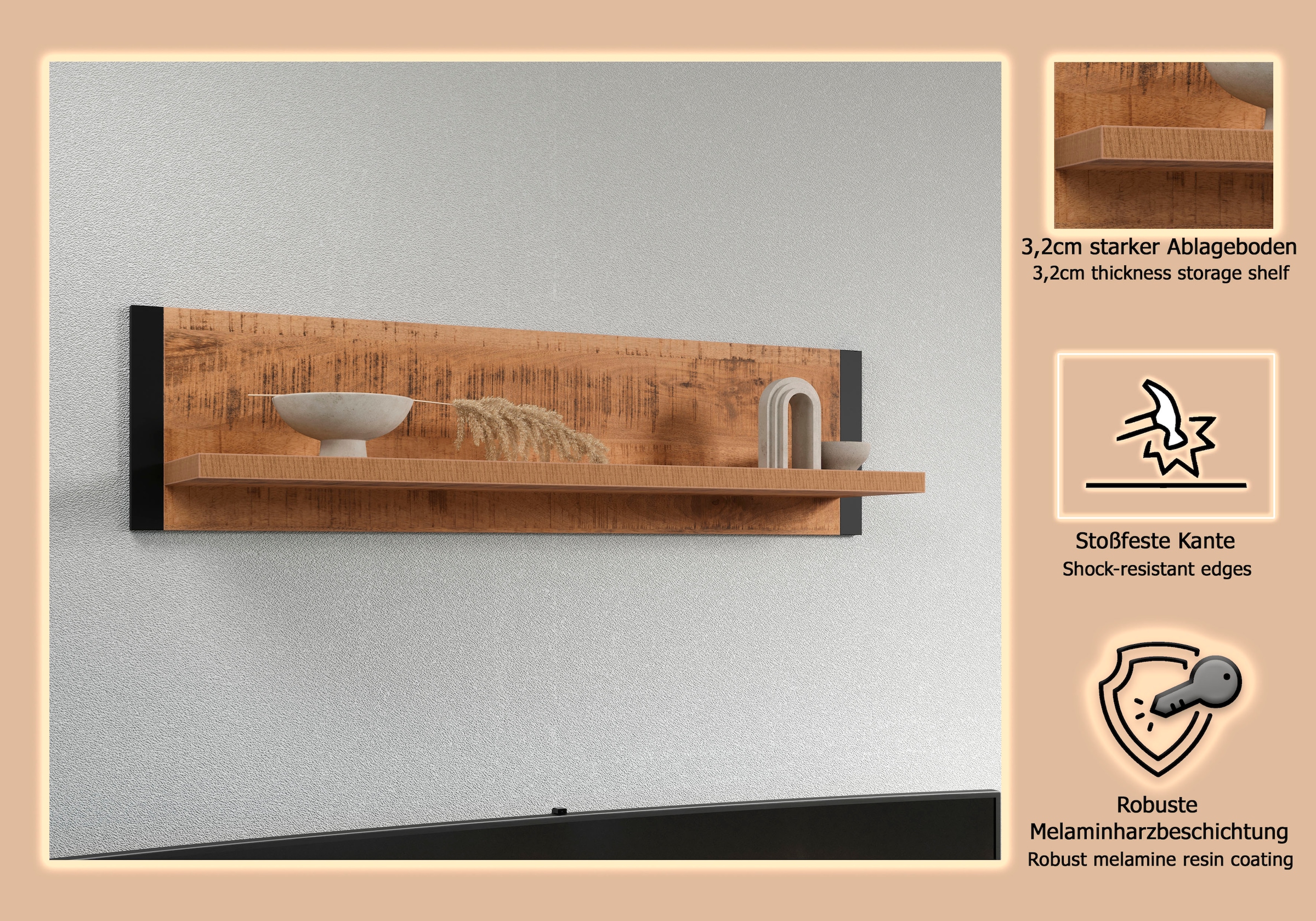 Home affaire Wandregal »Elda« 1 Stk. tlg. Wandboard für Dein Wohnzimmer oder Flur – (B/T/H) 110/23/28 cm