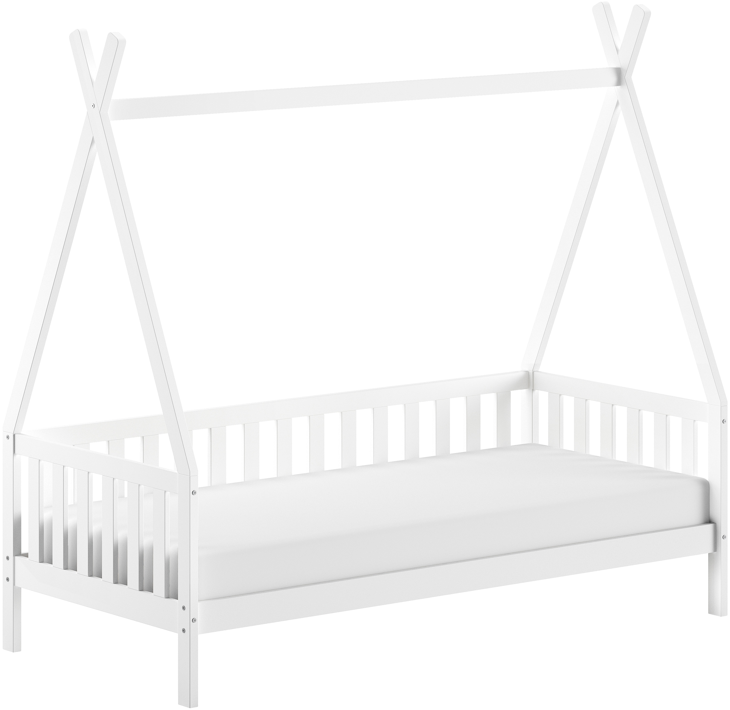 Vipack Massivholzbett »mit Tipi Dach, seitlich und hinten mit Sprossenumrandung« Liegefläche 90/200 cm inkl. Massivholz Rollattenrost,  Korpus aus massiver Kiefer, weiß lackiert