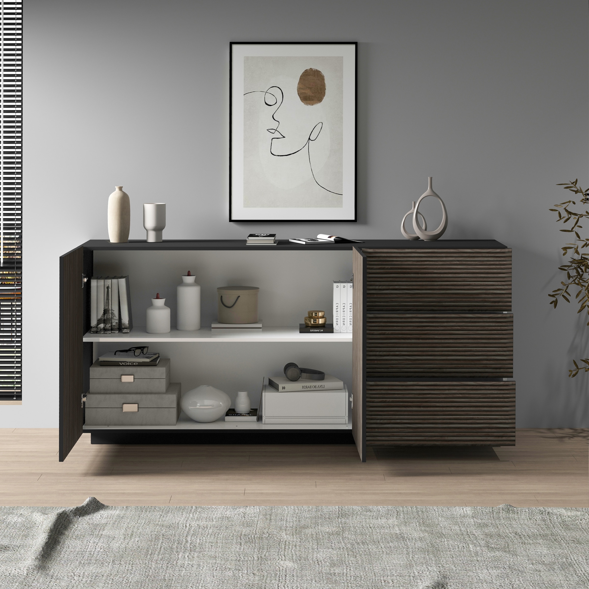Home affaire Sideboard »Vega Sideboard,Kommode,180 cm« mit 2 Türen und 3 Schubladen,Fronten mit Rillen-Optik