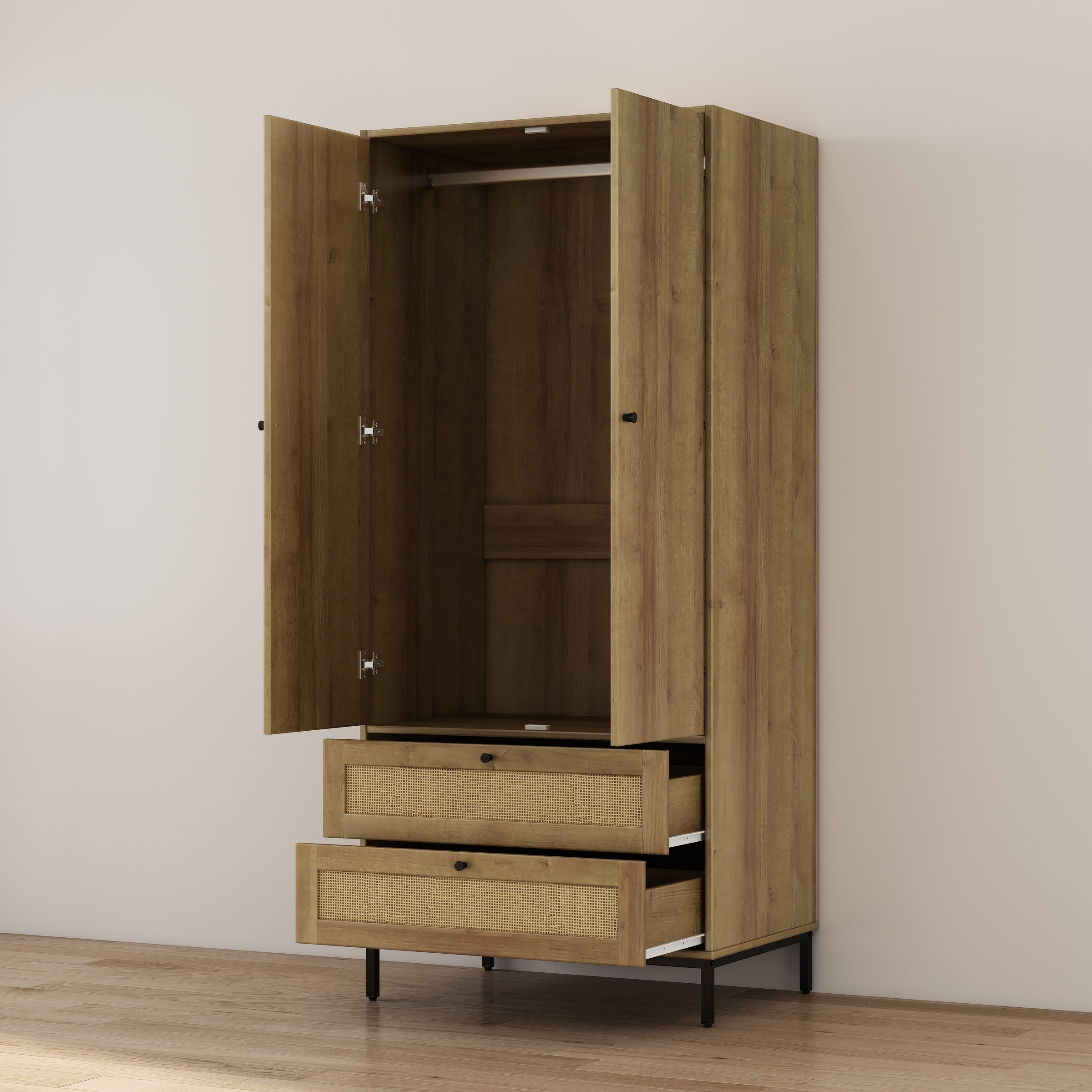 OTTO home Kleiderschrank »Motala Schlafzimmerschrank Garderobe Boho Eichen-Design Bestseller« Moderne schwarze Griffe, Schublade mit Geflecht,  Schlafzimmerschrank mit 2 Türen und 2 Schubladen