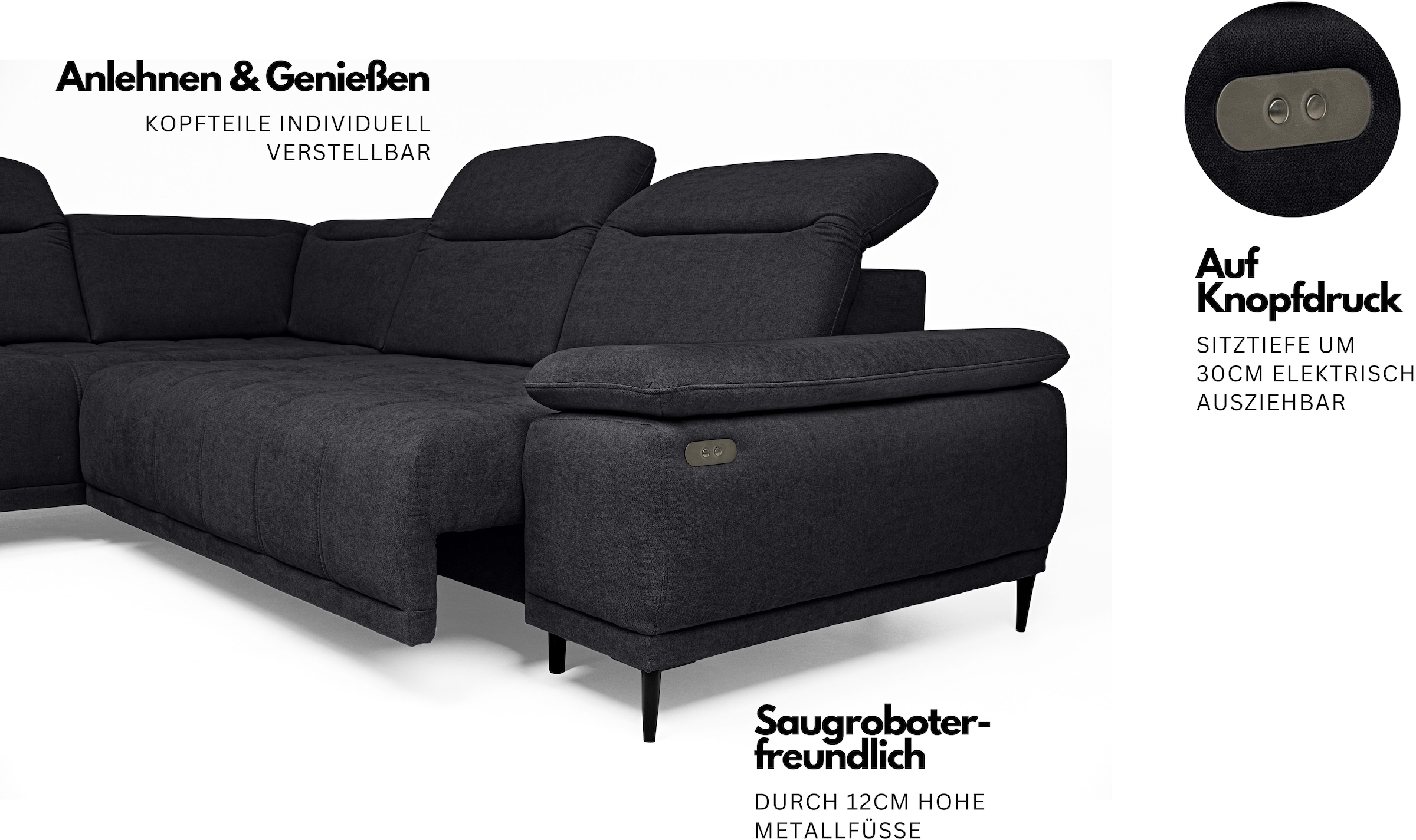 WERK2 Ecksofa »Focus-L 204 cm breit inkl. Komfortfunktionen, bodenfrei« Luxus-Microfaser, L-Form, elektrische Sitztiefenverstellung